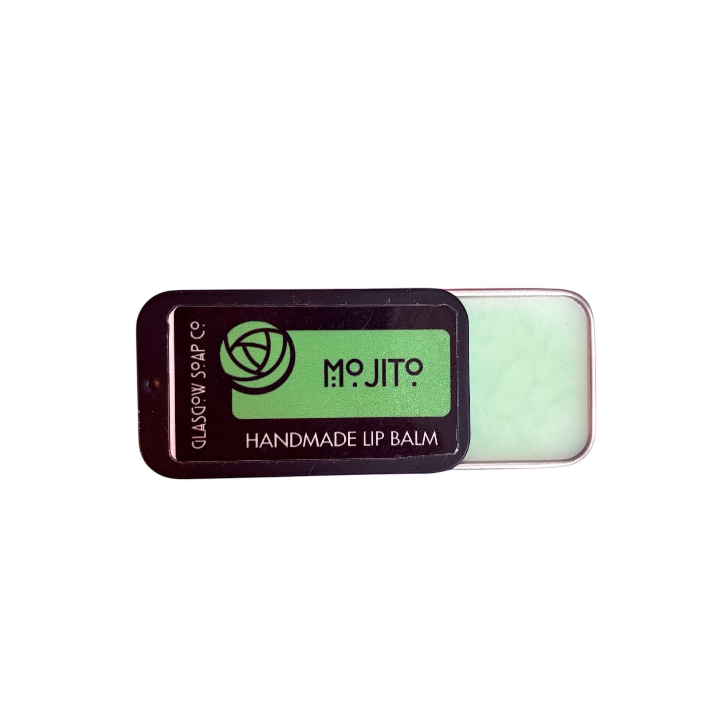 A small black tin of mojito lip balm, half open