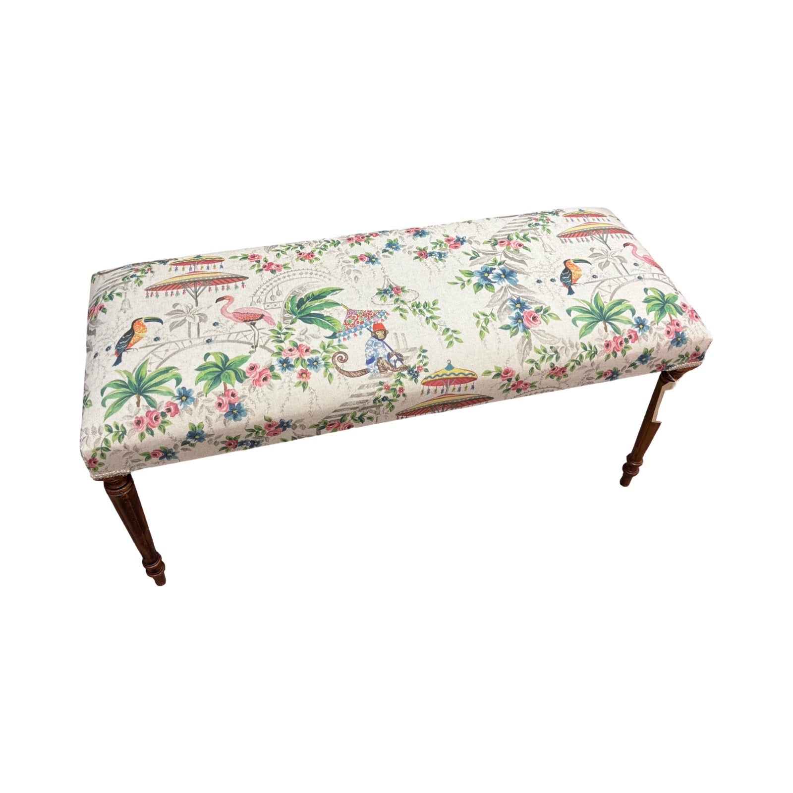 Decorative bench with floral and animal patterns on a white background.