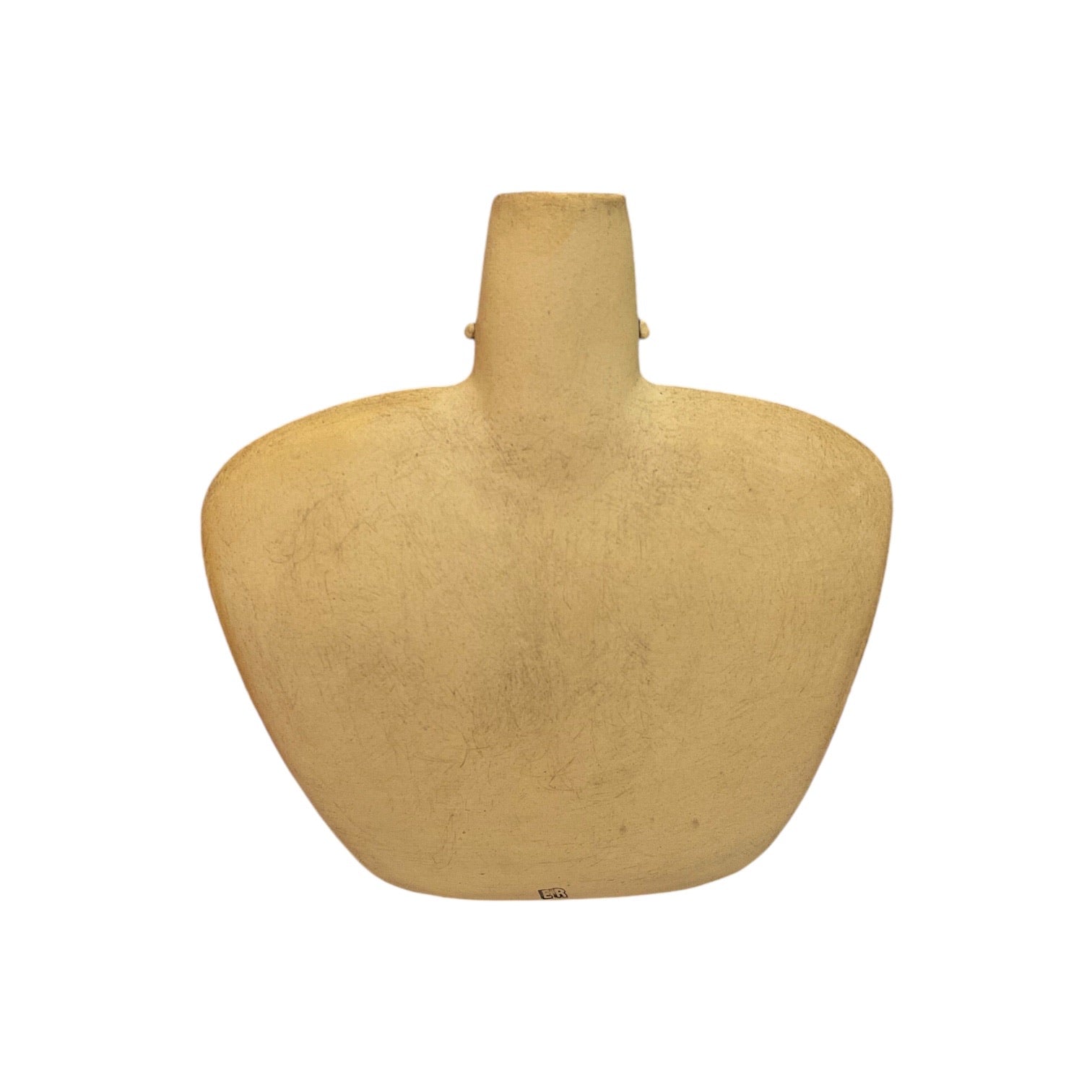 Back of moustache-faced vase with broad shoulders and moobs.