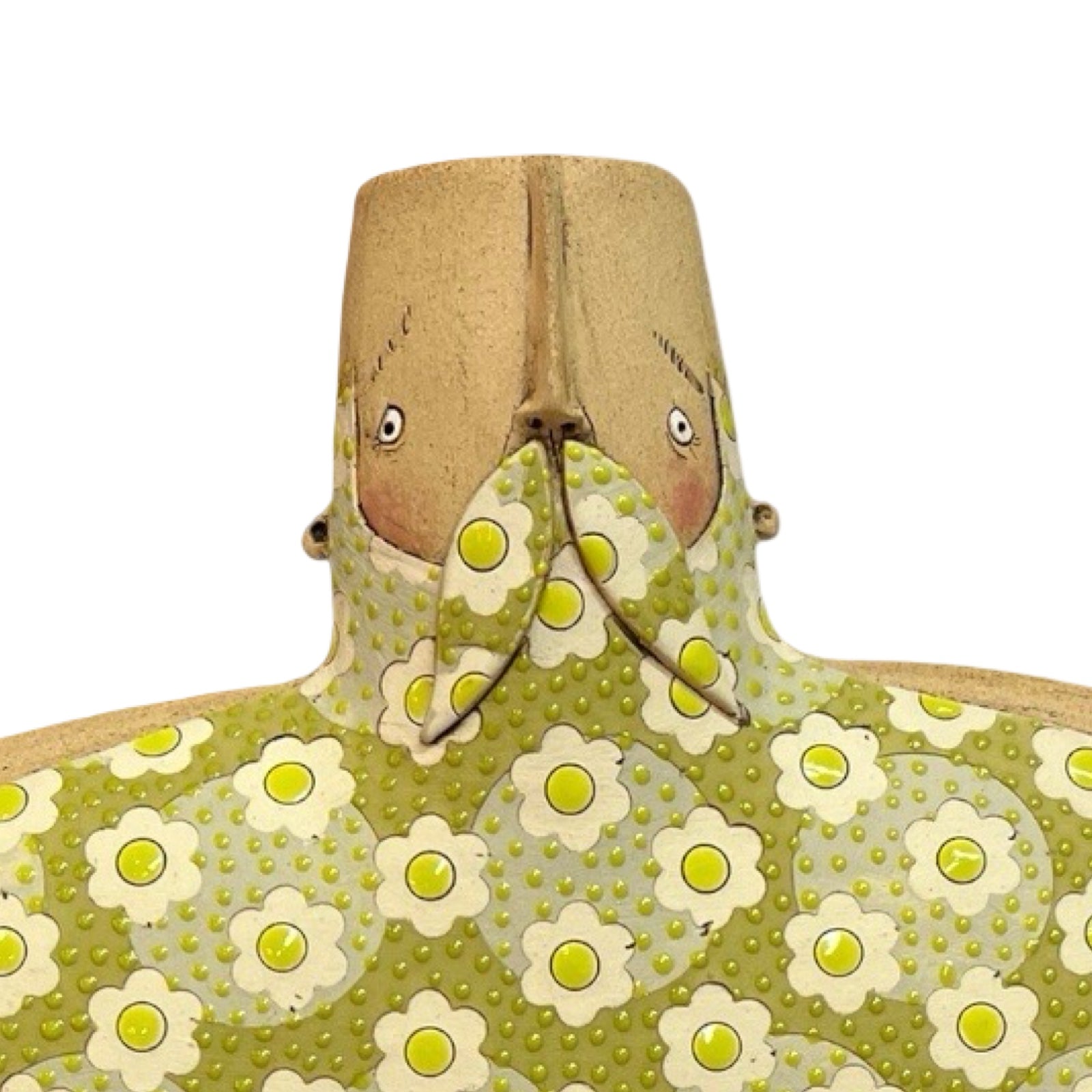 This moustache-faced vase with broad shoulders and moobs is handmade, green flowers.