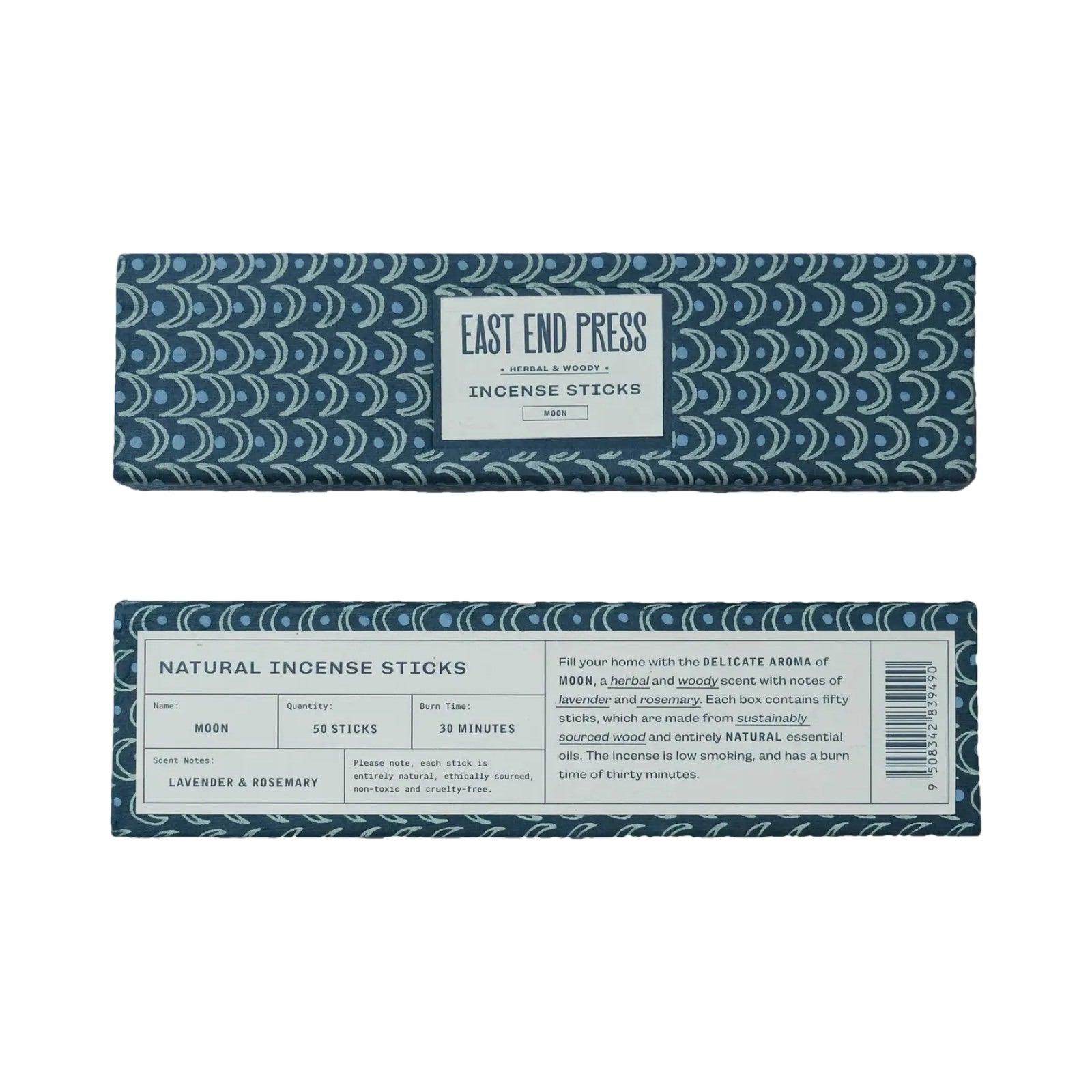 A blue box with green moons for herbal and woody incense sticks.