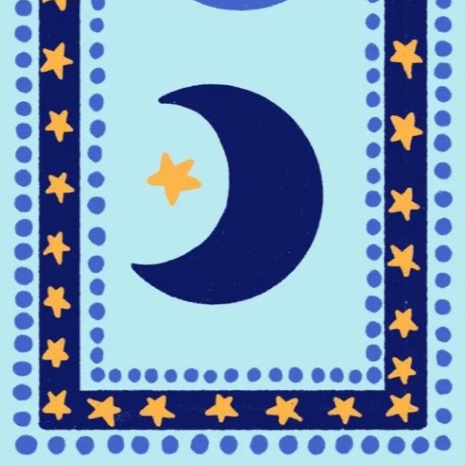 This gorgeous rectangular print features three moons in the centre surrounded by a navy border against a pale blue background.