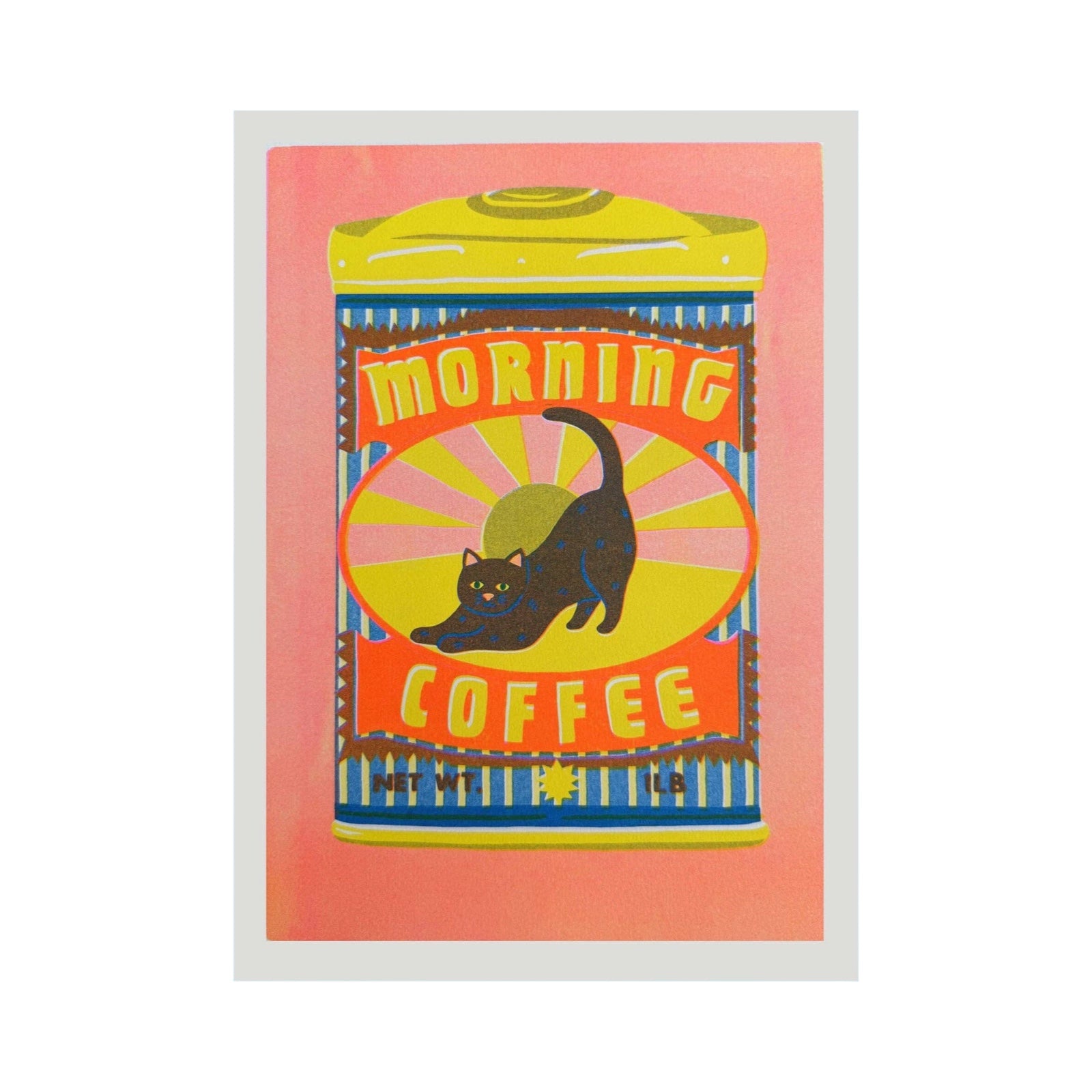 Poster with a coffee can design featuring a cat and 'Morning Coffee' text on a pink background.
