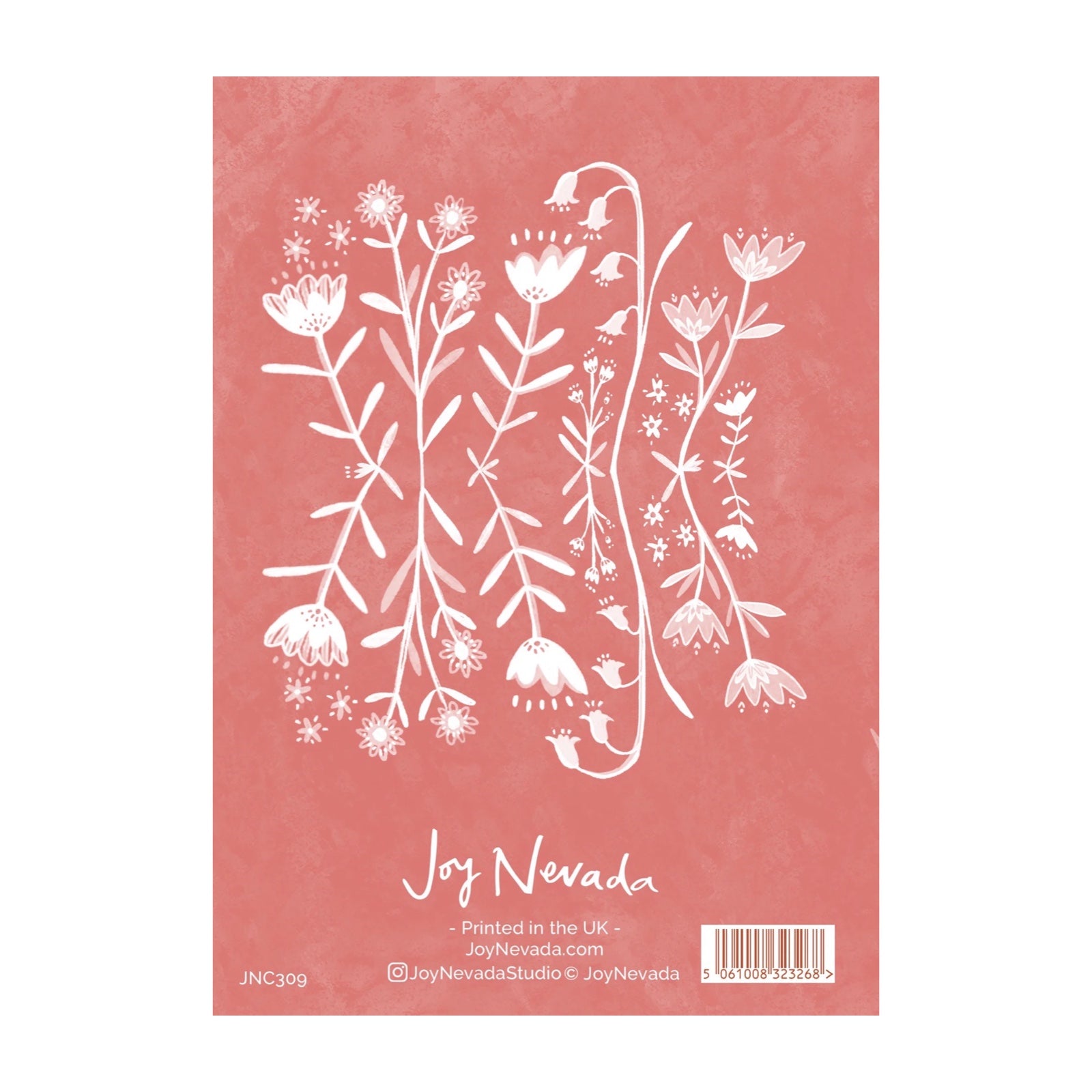 Card with white floral design on a pink background, featuring the brand 'Joy Nevada'.