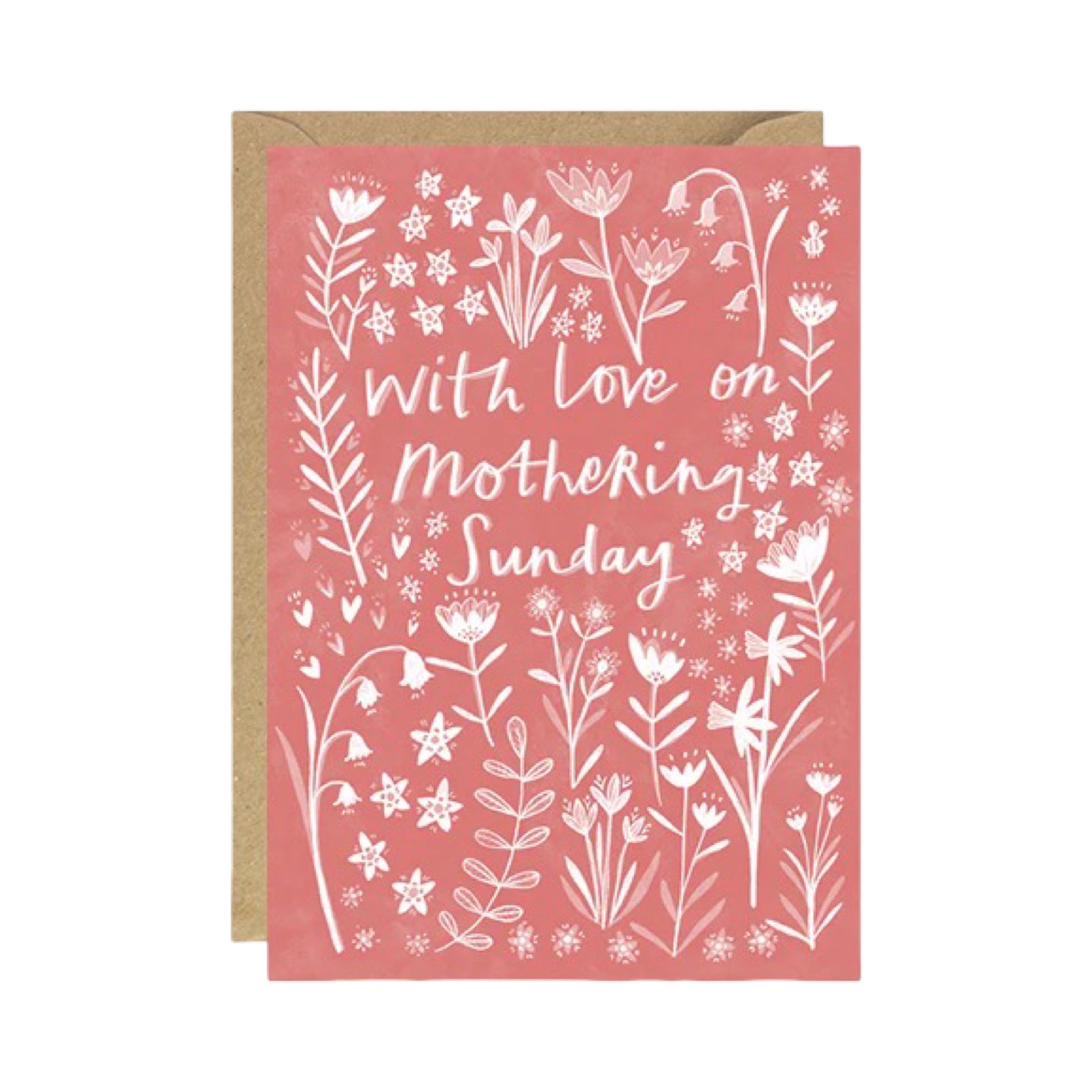 Greeting card with floral design and 'With love on Mothering Sunday' text on a pink background.