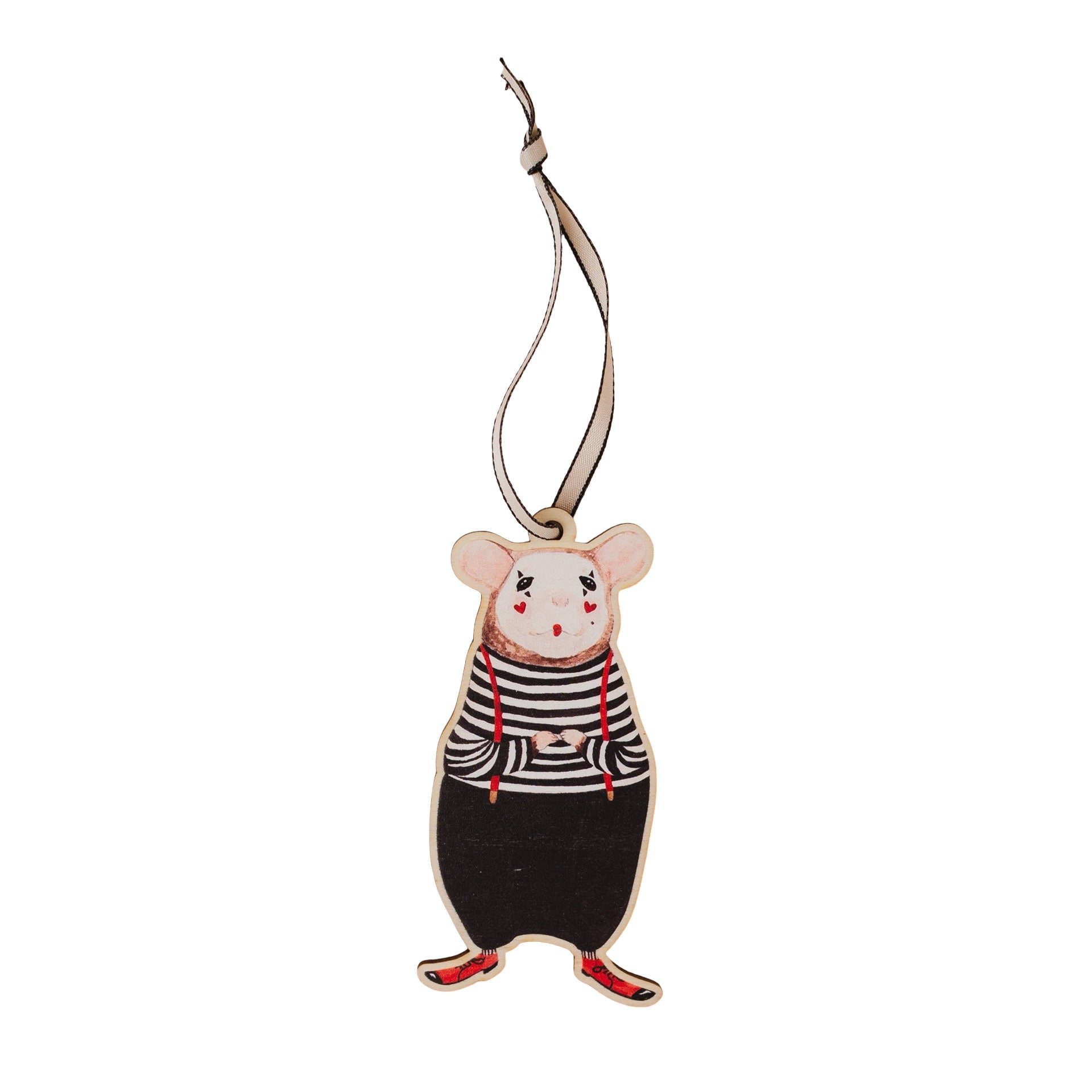 Mouse-shaped keychain with a striped sweater on a white background