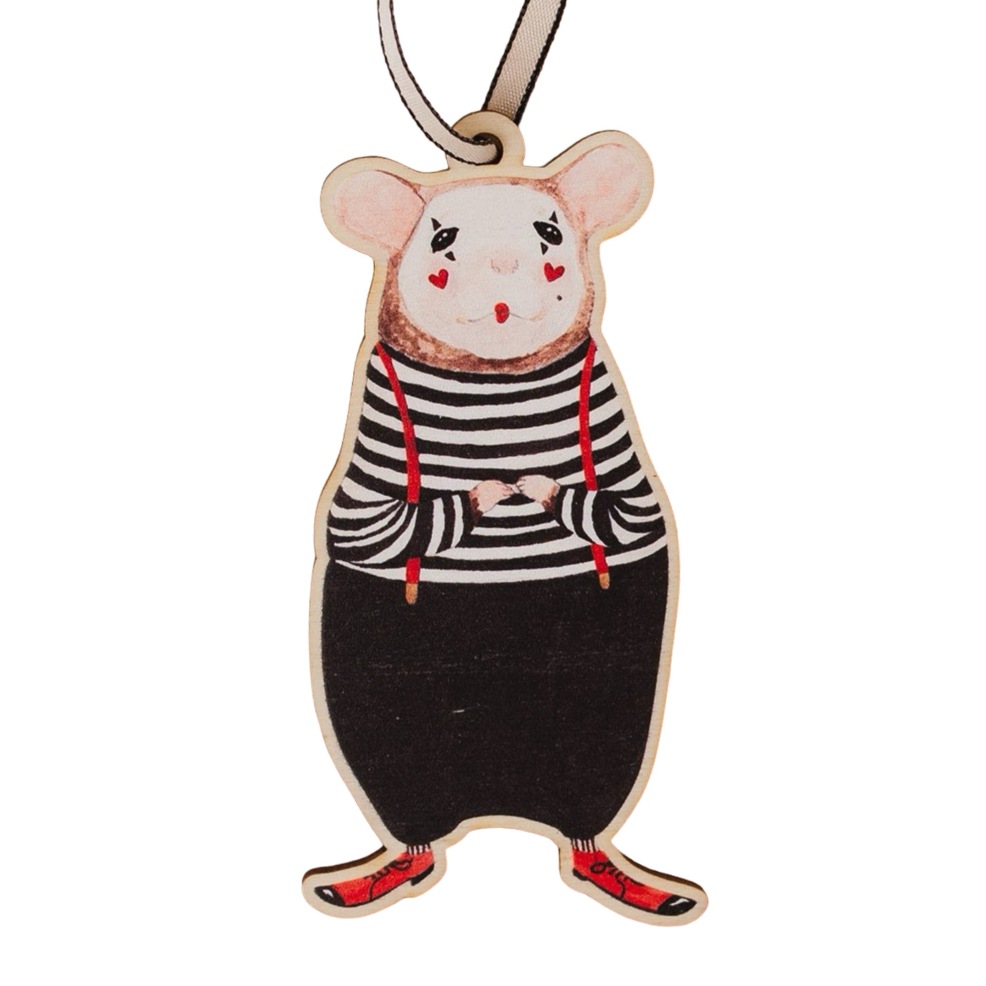 Wooden mouse ornament with a striped shirt on a white background.