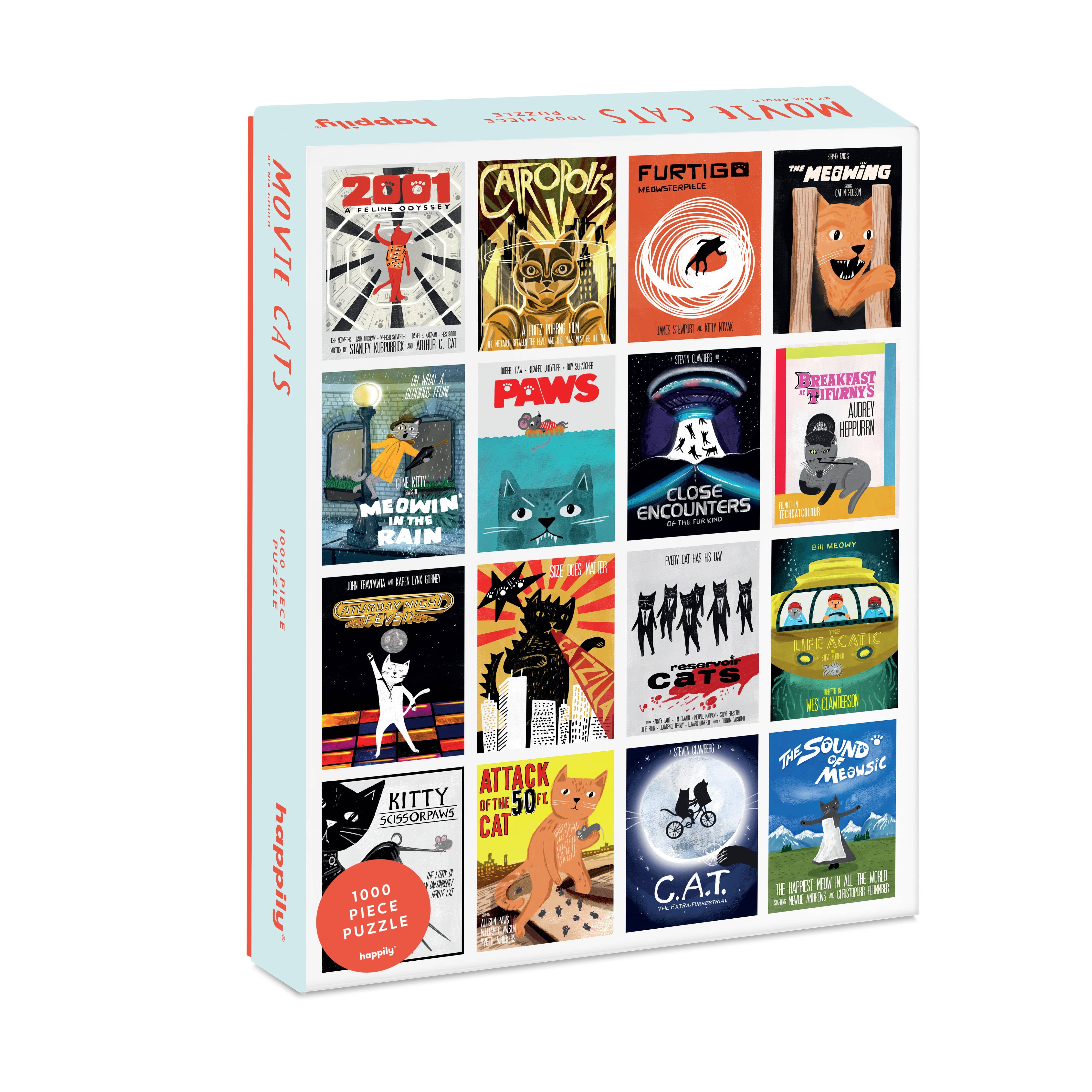 Box of a 1000-piece puzzle featuring various movie cat poster designs on a white background.