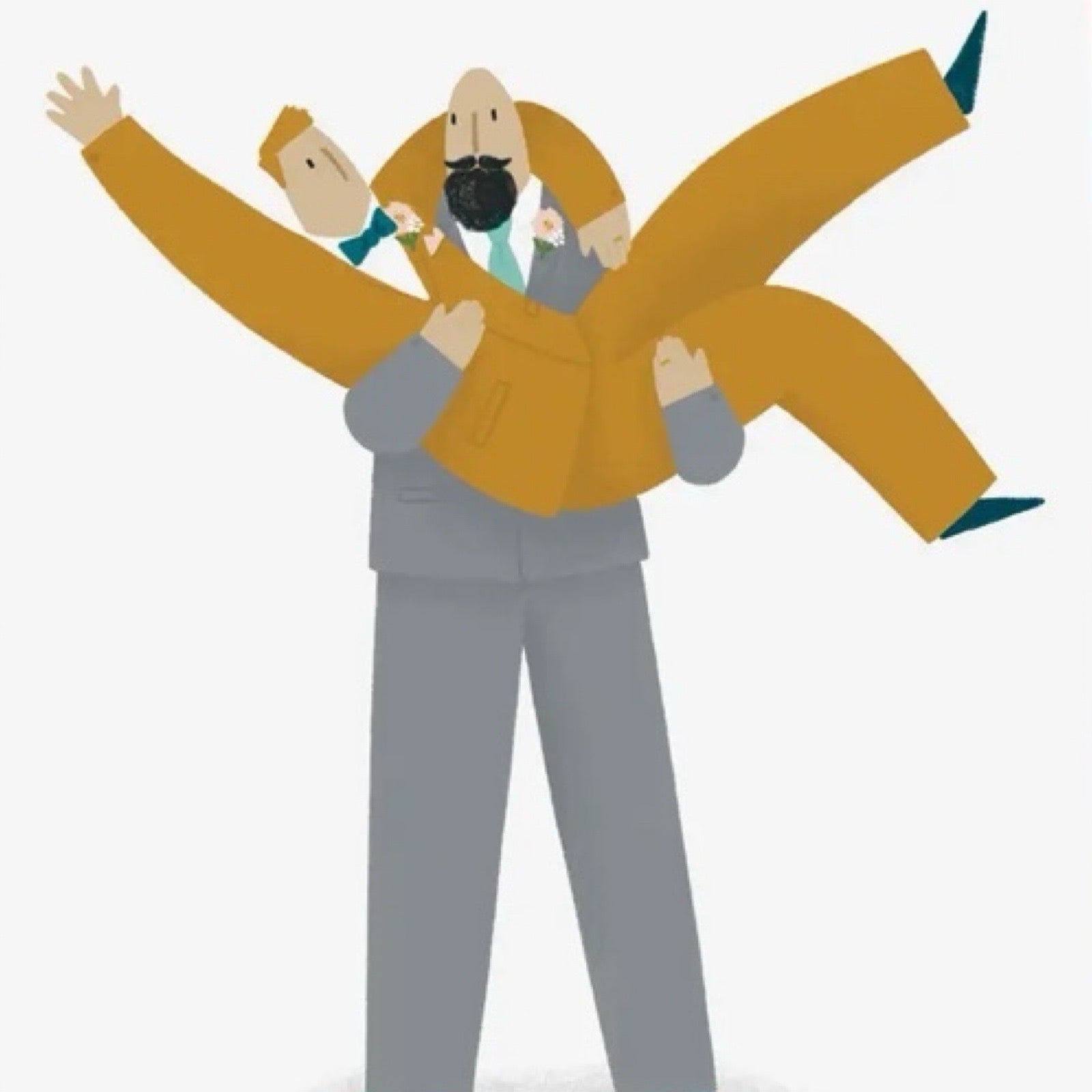 Wedding card featuring an illustration of a man in a grey suit carrying a man in a yellow suit and the text 'Mr and Mr'.