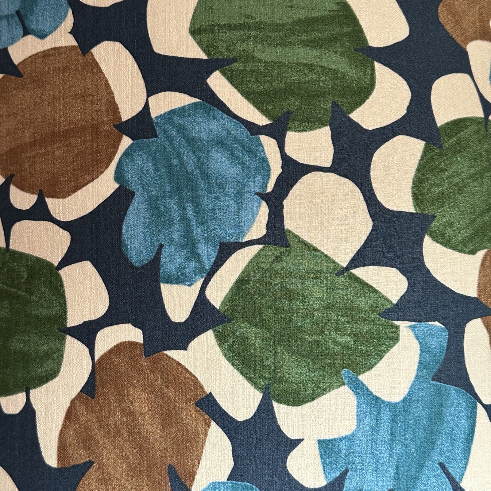 Navy light barkcloth fabric with turquoise, green and brown flowers