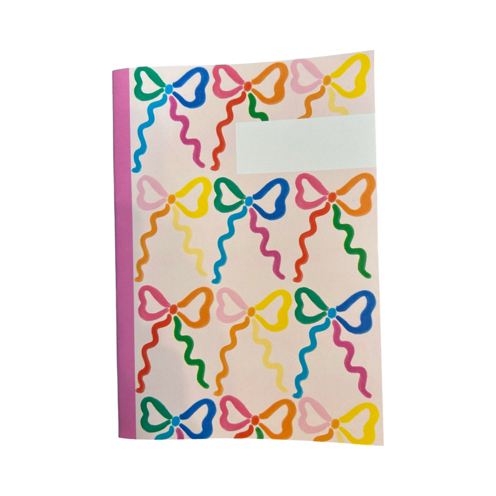 This notebook features rows of colourful bows.