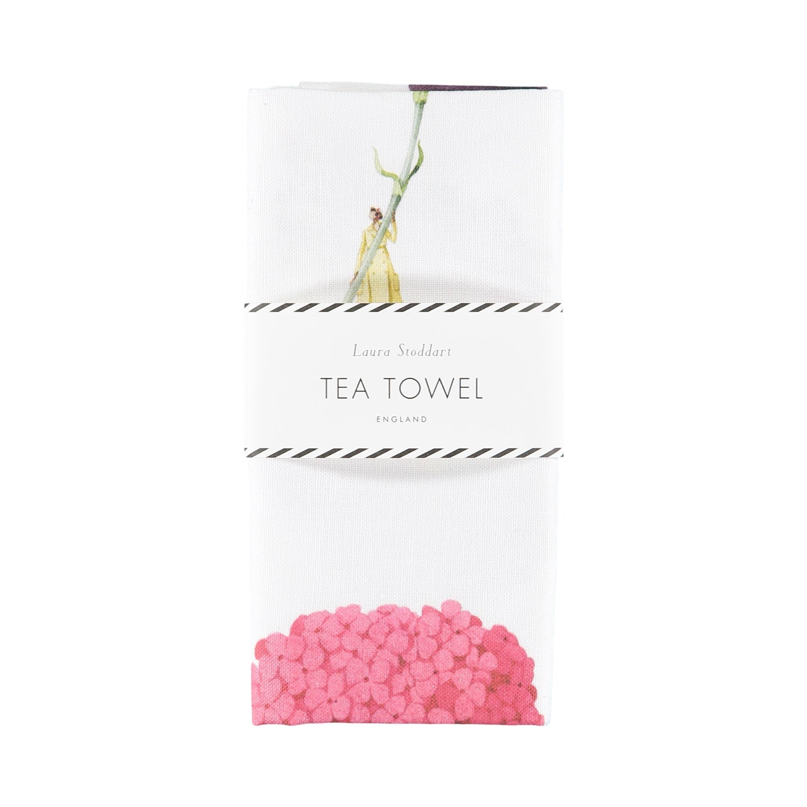 A multi-flower tea towel, featuring 9 illustrations of people holding giant flowers including a pansy, a fritillary and a tulip folded with a branded belly band.