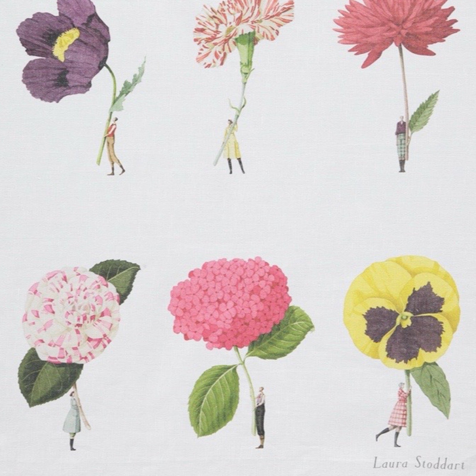 Illustrations of flowers with small figures holding them on a light background, by Laura Stoddart.
