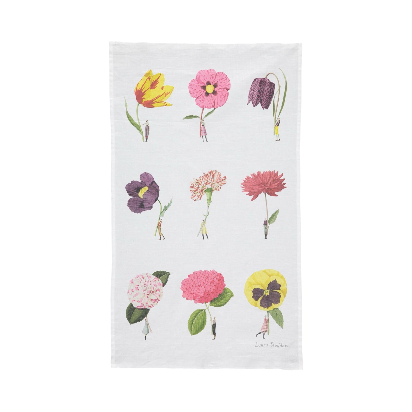 Multi-flower tea towel, featuring 9 illustrations of people holding giant flowers including a pansy, a fritillary and a tulip against a white background.