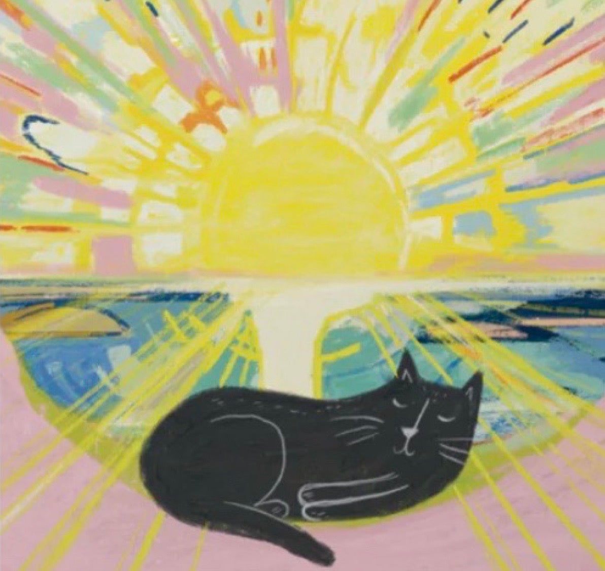 Black cat lying down with a colourful sun and sky in the background/