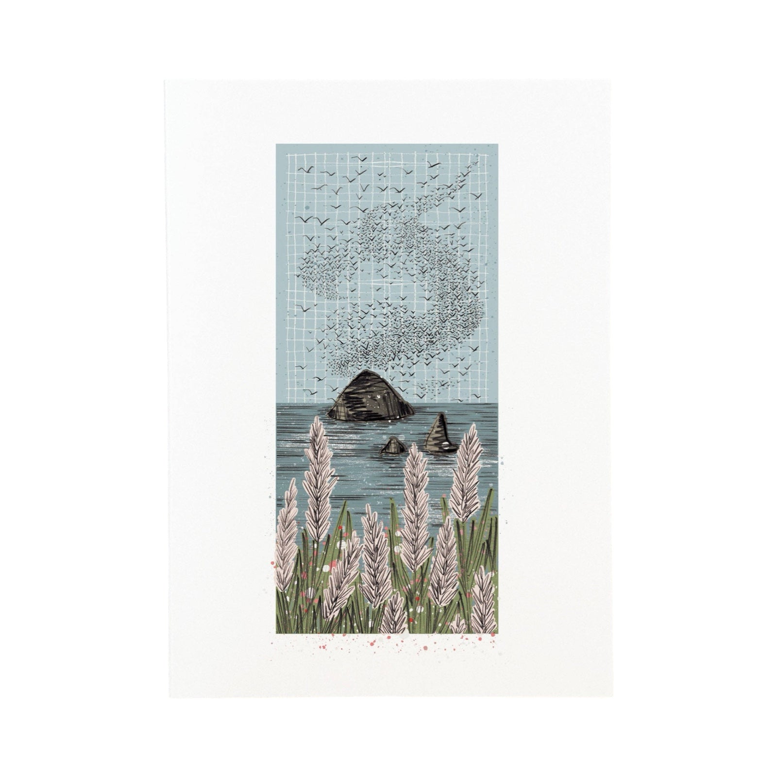 A beautiful print of the murmuration of a flock of starlings above a large rock in the sea, with beautiful flowers in the foreground.