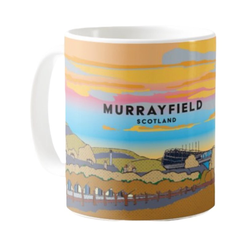 Mug featuring a panoramic artwork of Edinburgh's famous Murrayfield Stadium