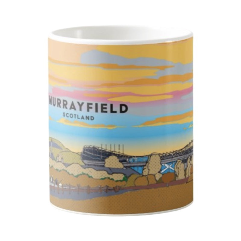 Mug featuring a panoramic artwork of Edinburgh's famous Murrayfield Stadium