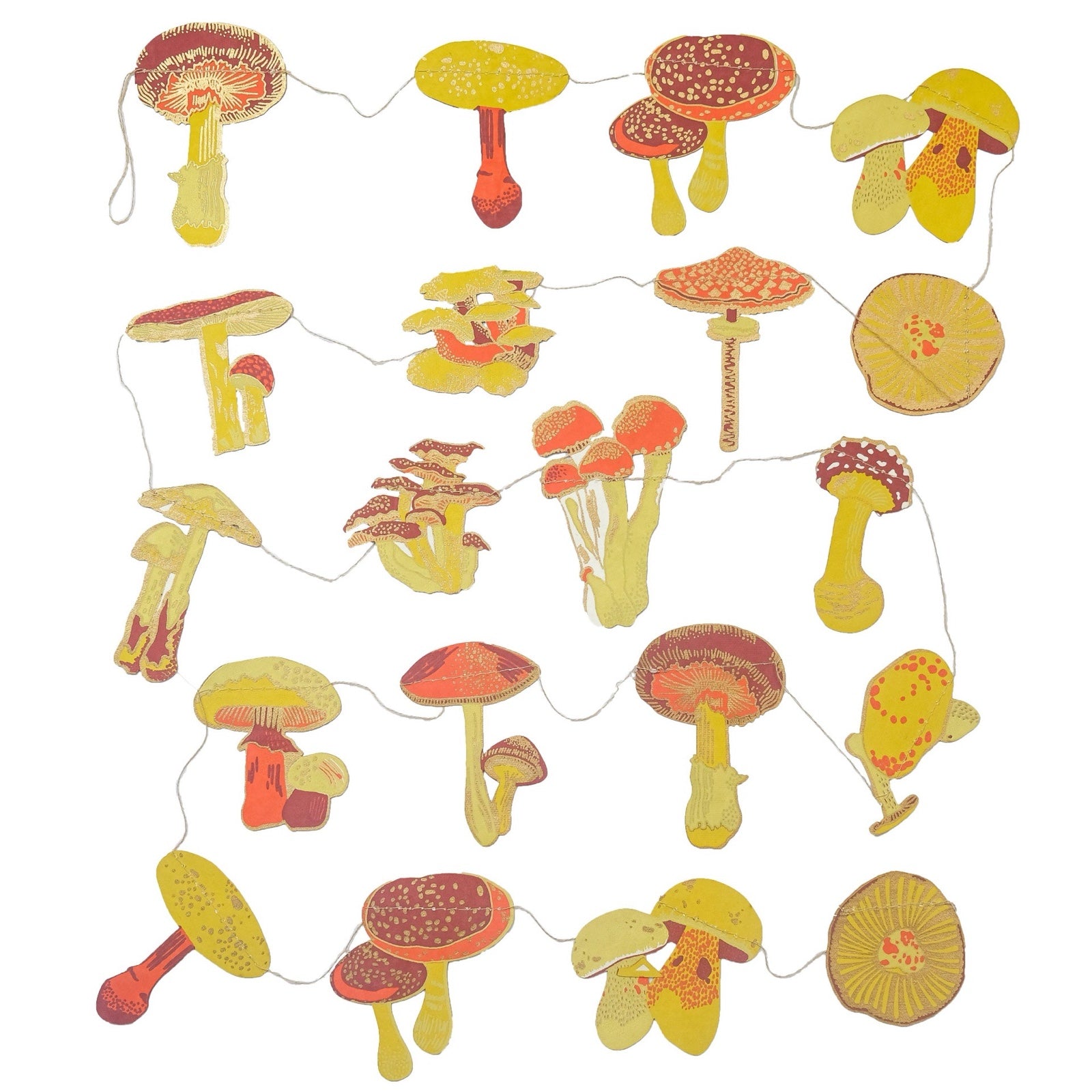 A paper garland featuring twenty screen-printed mushrooms and toadstools in red, gold and orange designs.