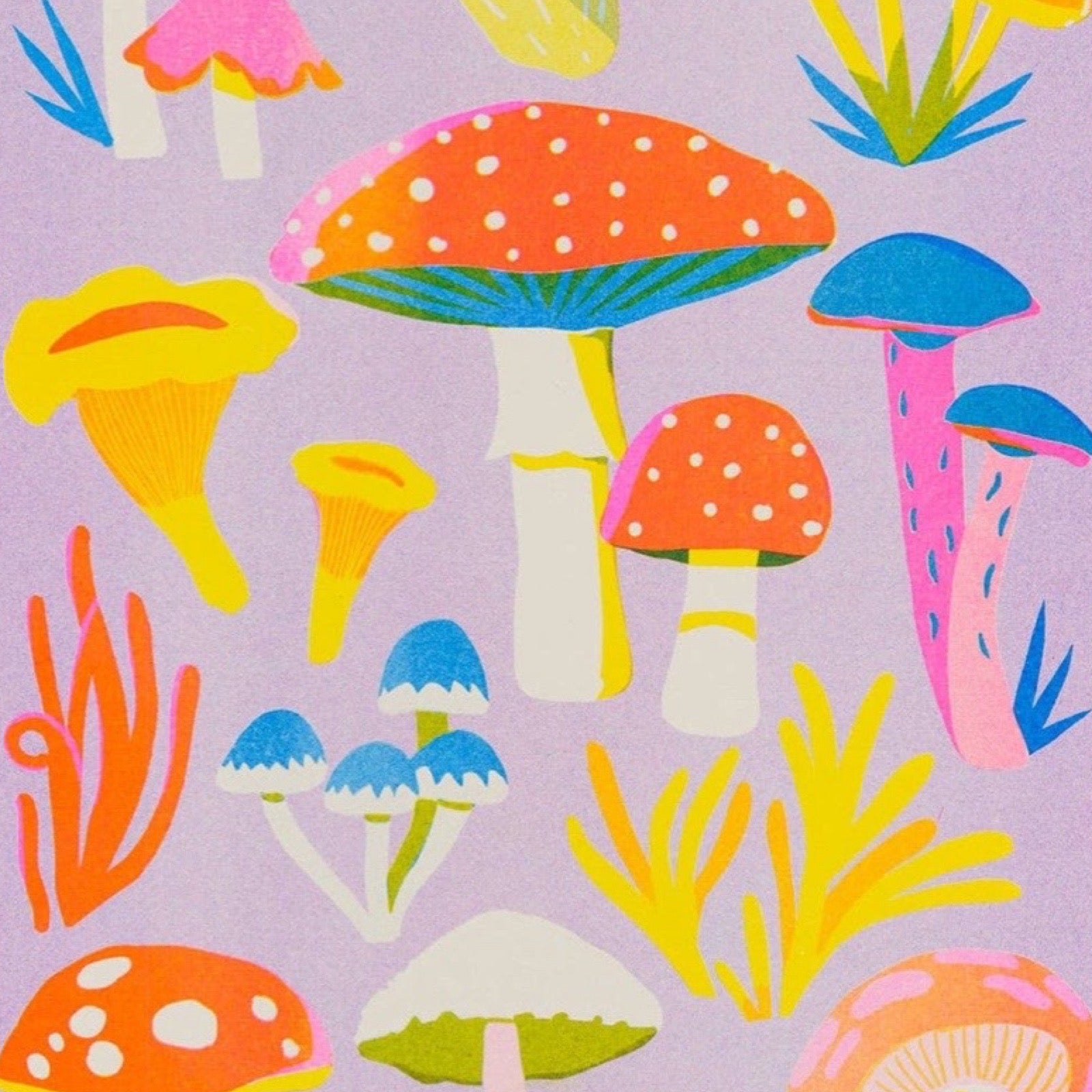 Colourful mushroom pattern on a purple background.