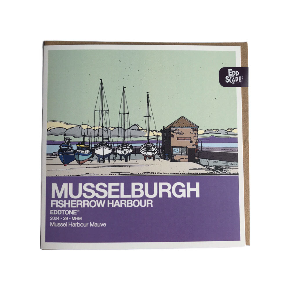 Square card featuring an illustration of boats at Musselburgh harbour, Scotland