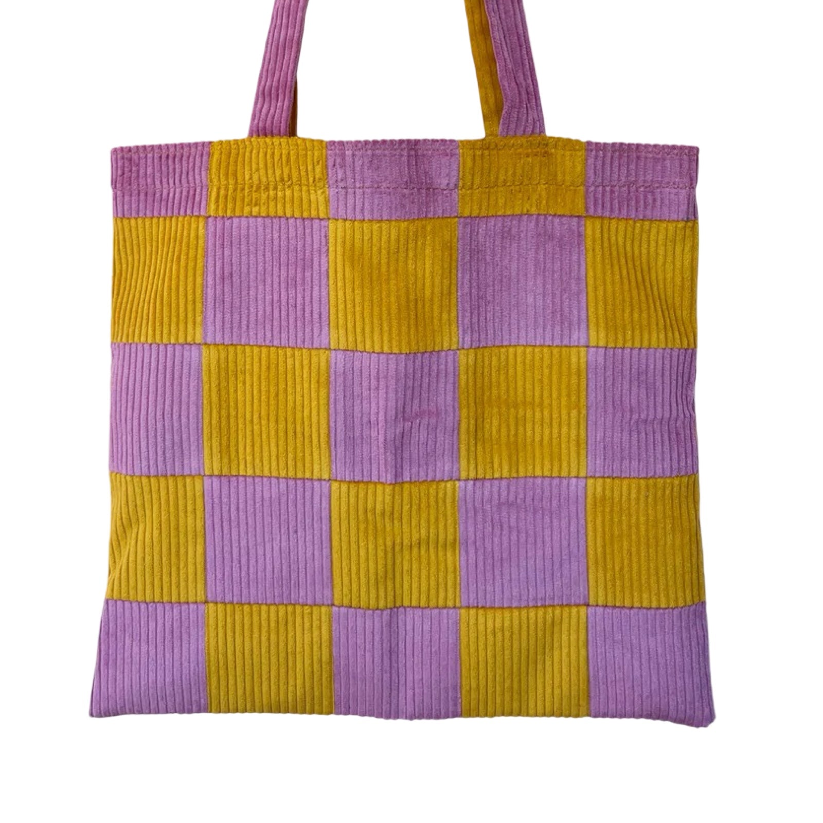 Tote bag with purple and yellow checkered pattern on a white background.