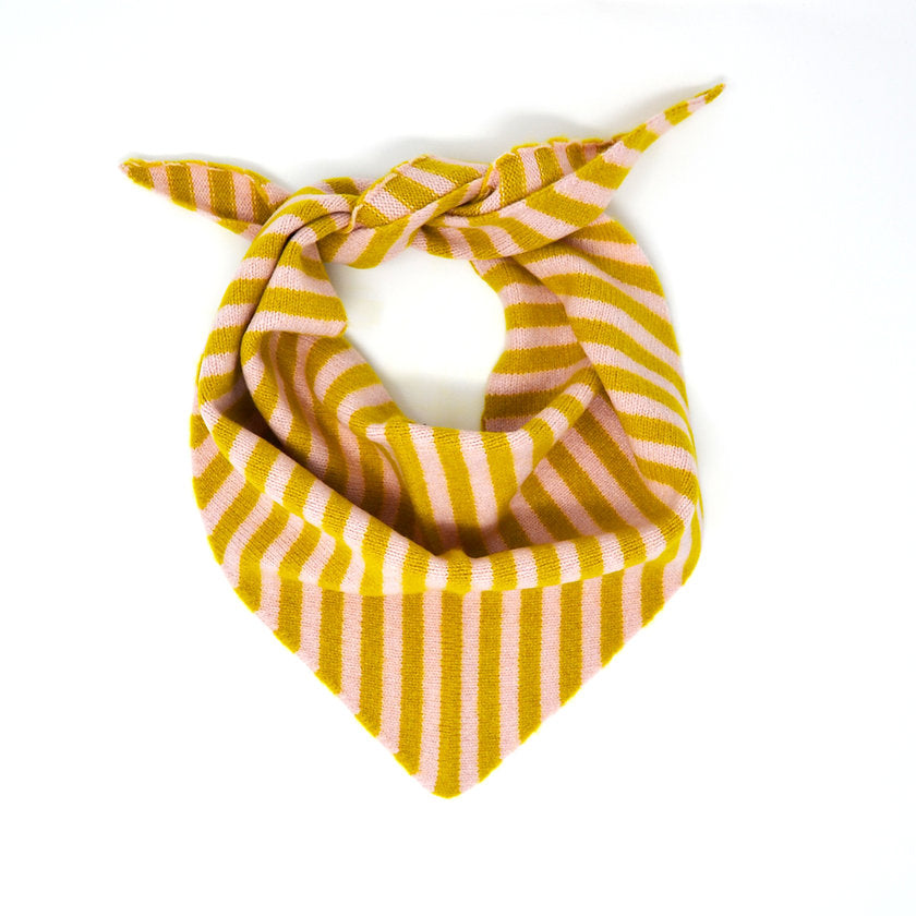 Yellow and pink striped bandana on a white background.