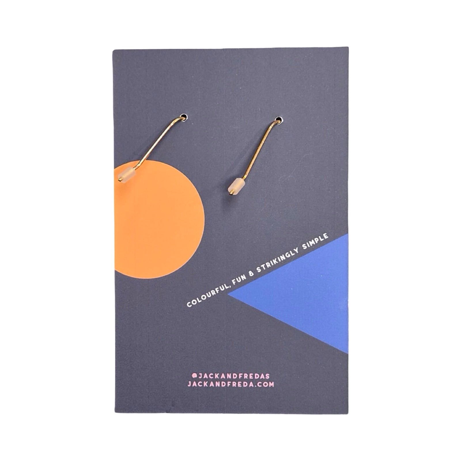 Gold earrings on a Jack and Freda branded card with geometric design.