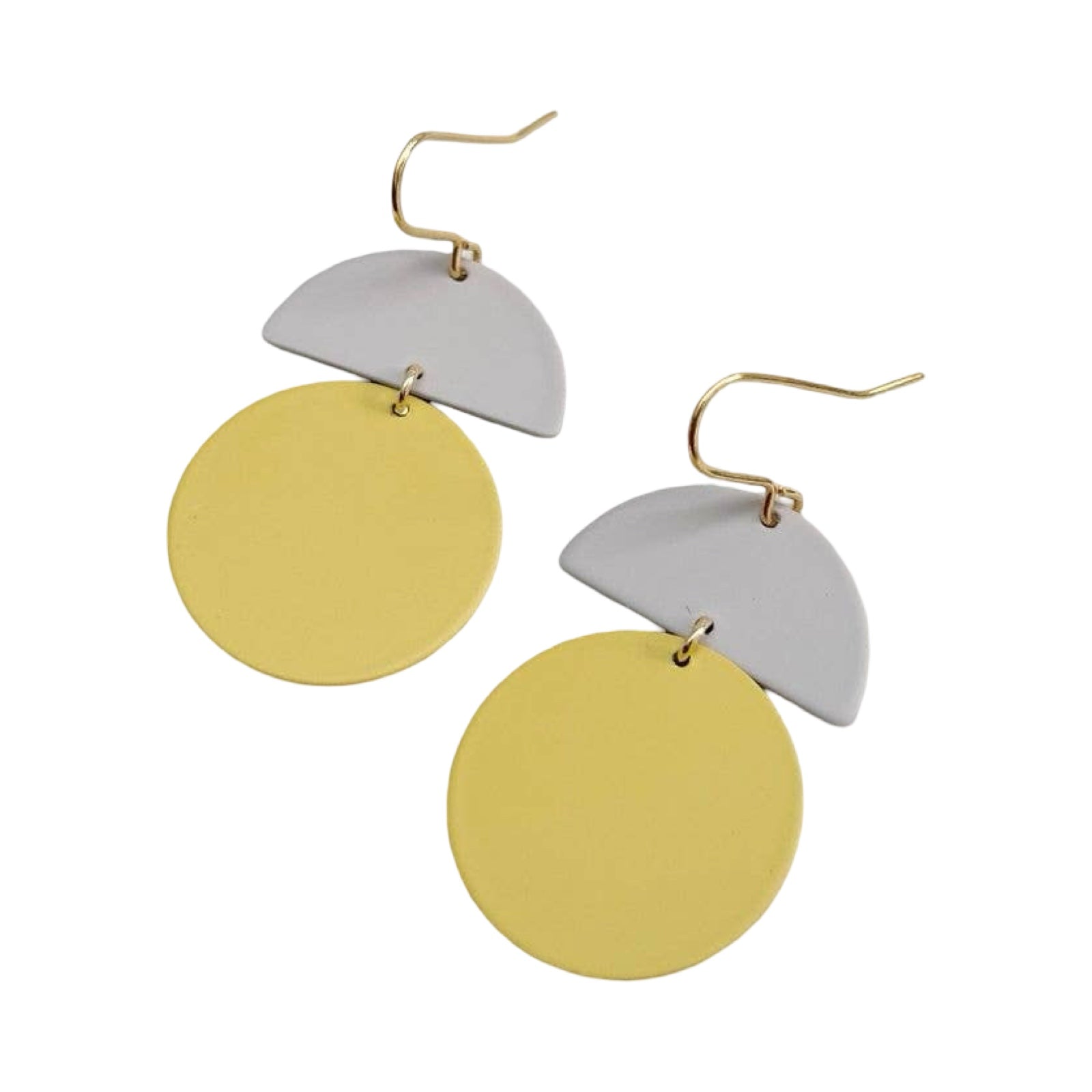 Pair of earrings with mustard and gray circular pendants on a white background.