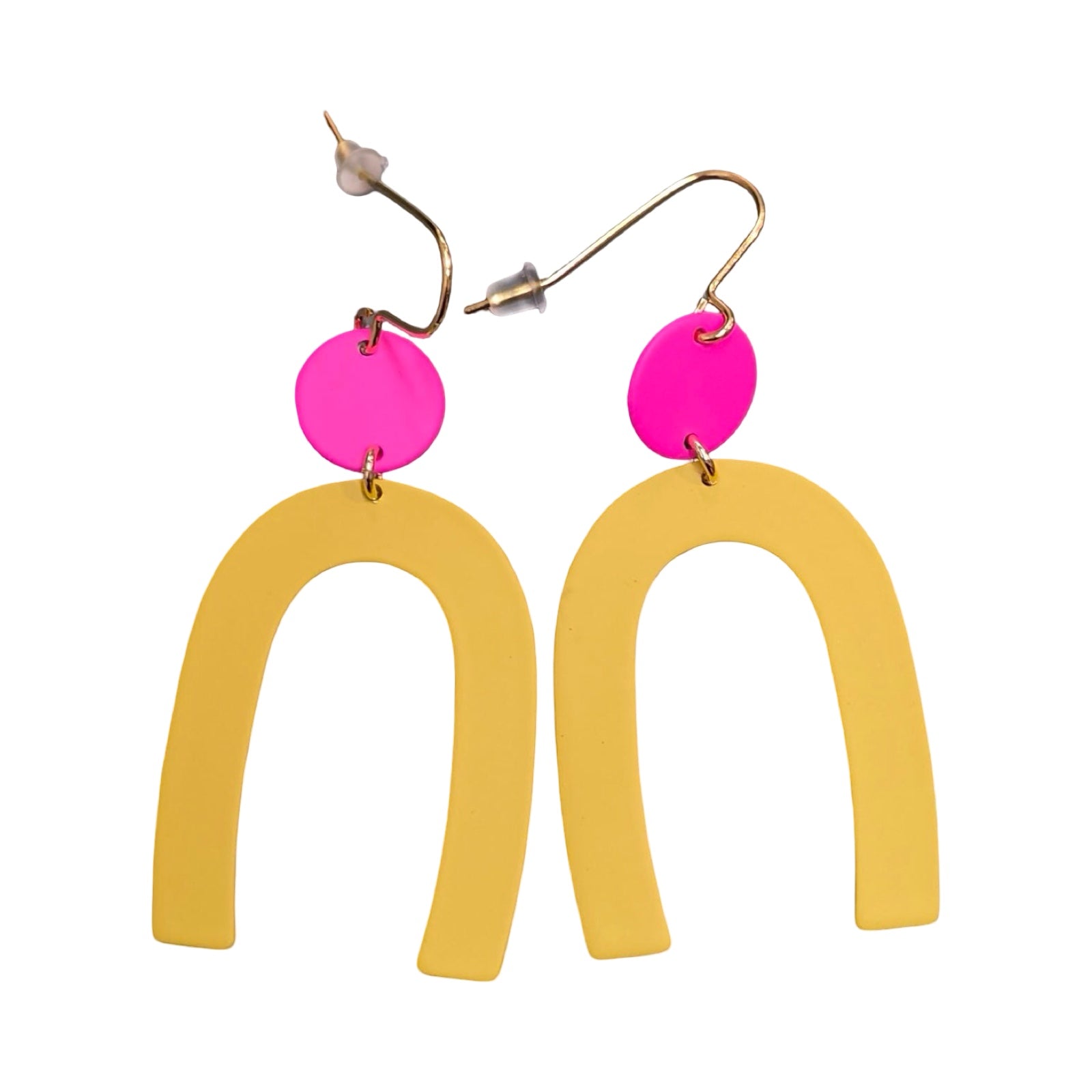 Pair of earrings with pink circular tops and yellow arch-shaped bottoms on a white background.