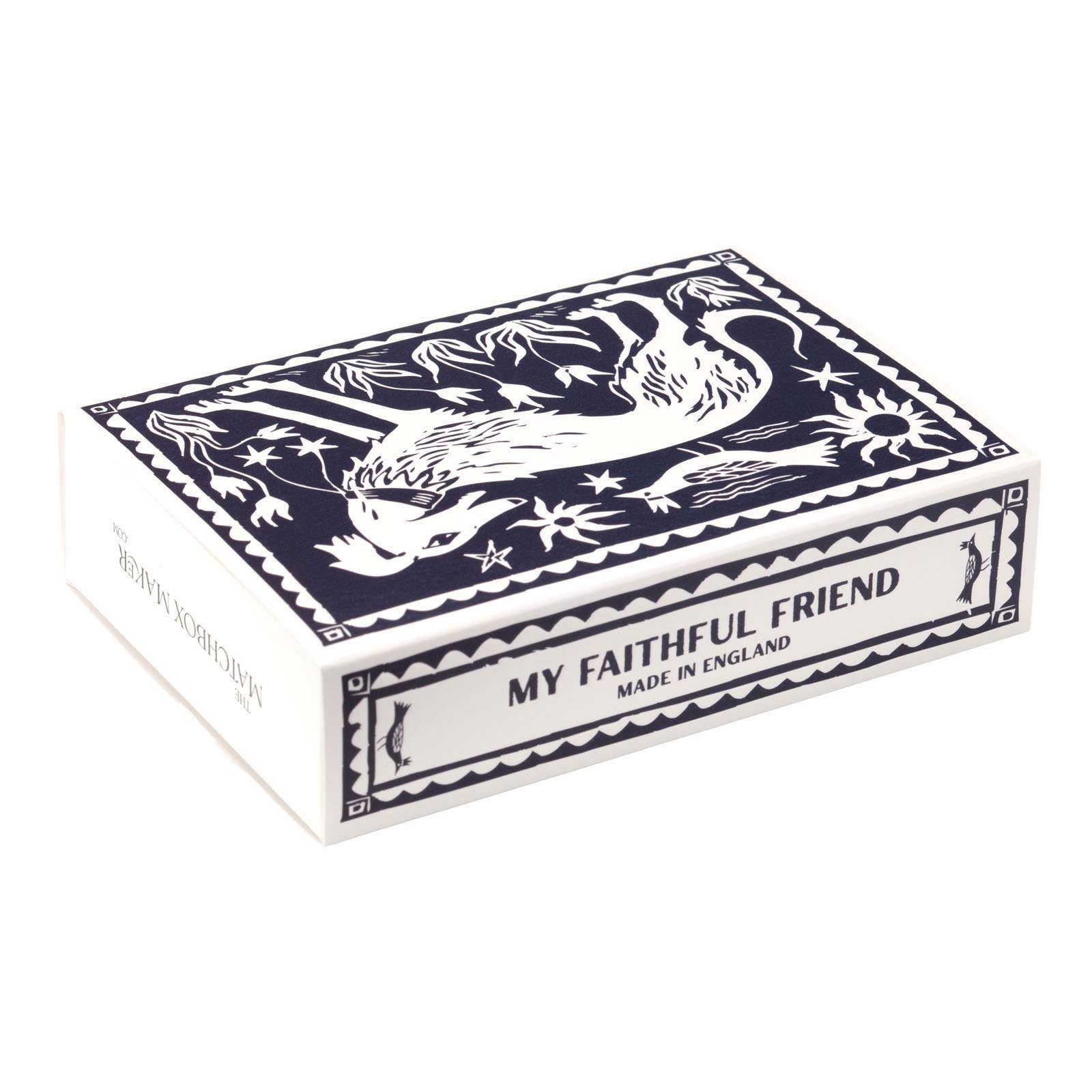 Matchbox with decorative design and text 'My Faithful Friend' on a white background.