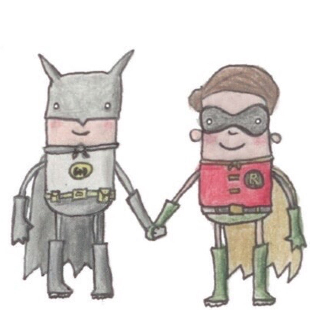 Cartoon illustration of a superhero and sidekick holding hands on a white background.