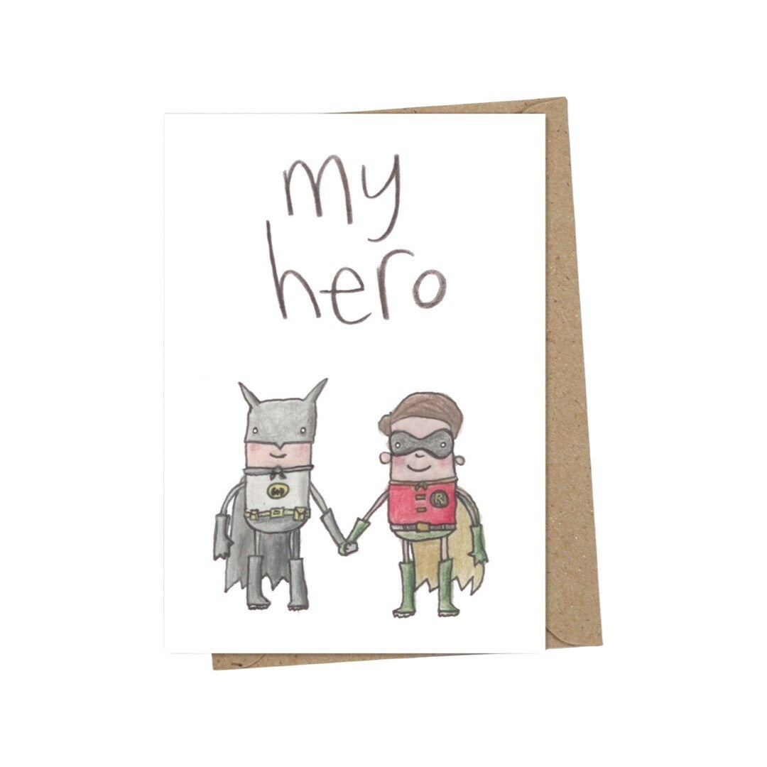 Hero card featuring an illustration of Batboy and Robin holding hands and the text 'My Hero'