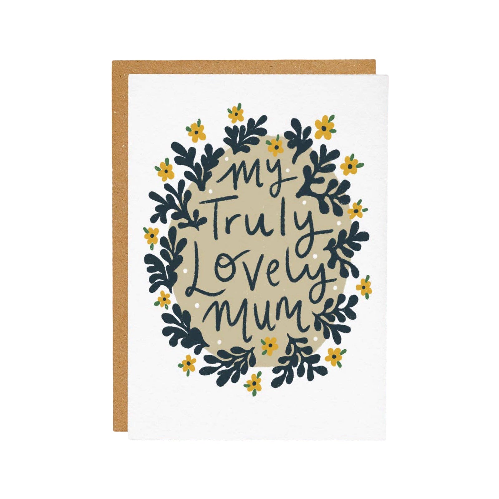 Greeting card with 'My Truly Lovely Mum' text and floral design on a white background.