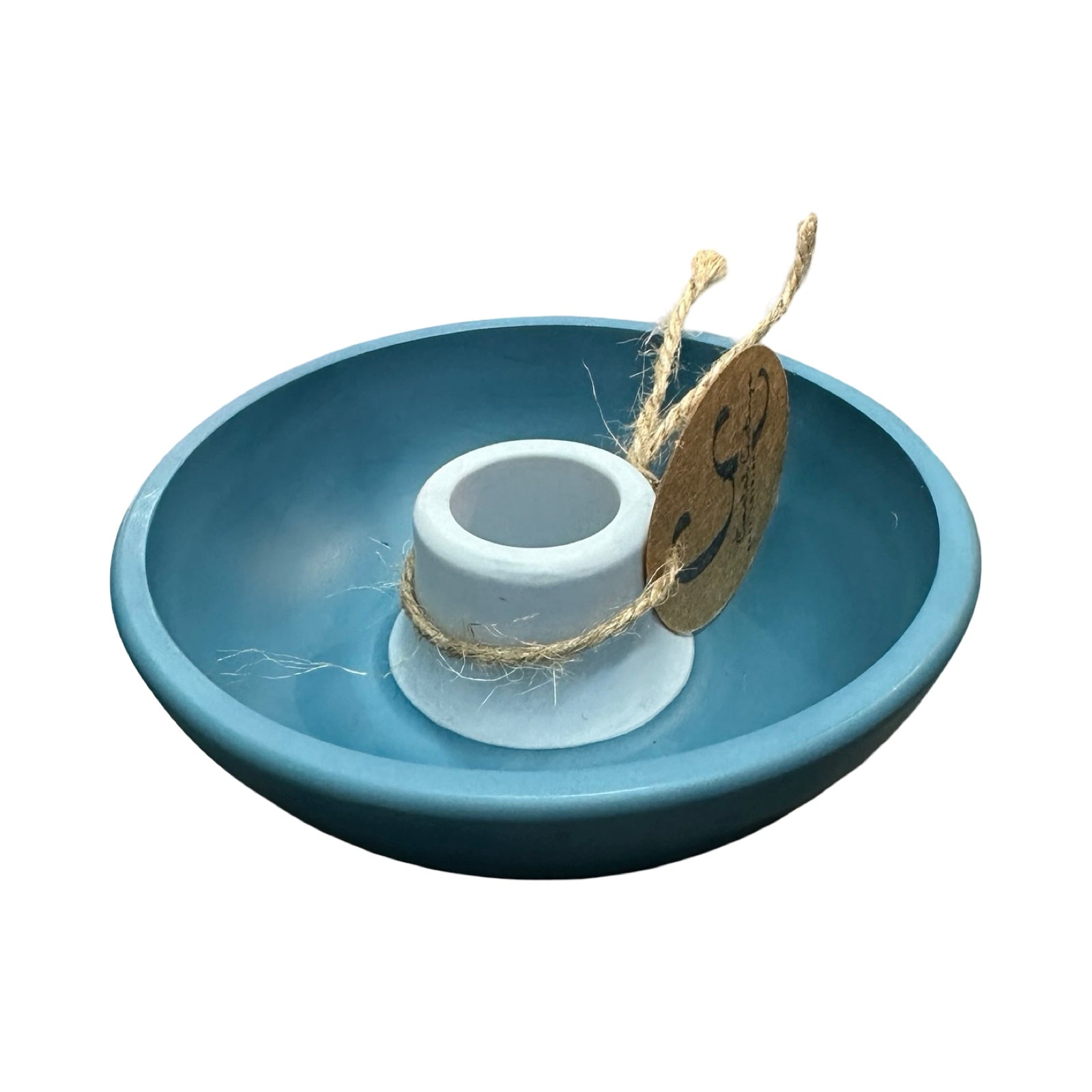 Navy and pale blue candle holder with tag.