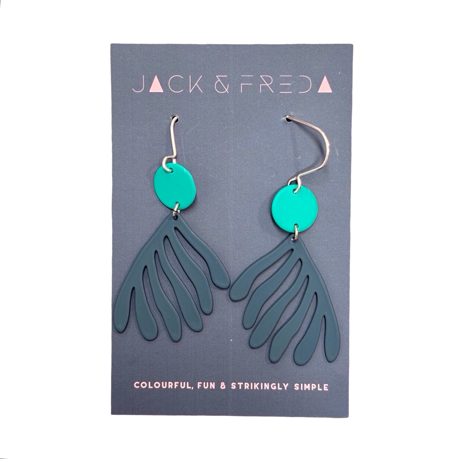 Teal and blue earrings on a Jack & Fred branded card.