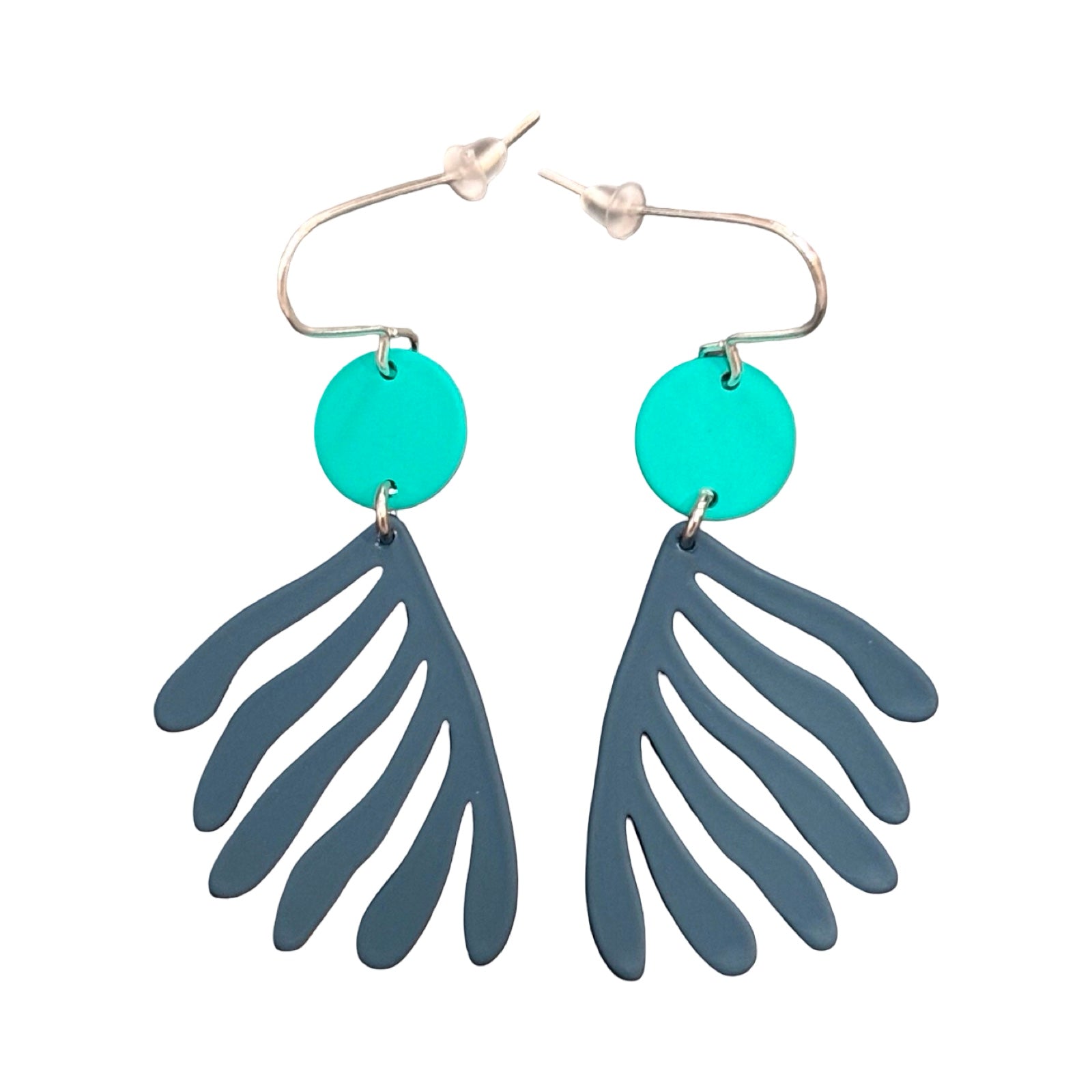 Earrings with turquoise circular tops and blue leaf-like bottoms on a white background.