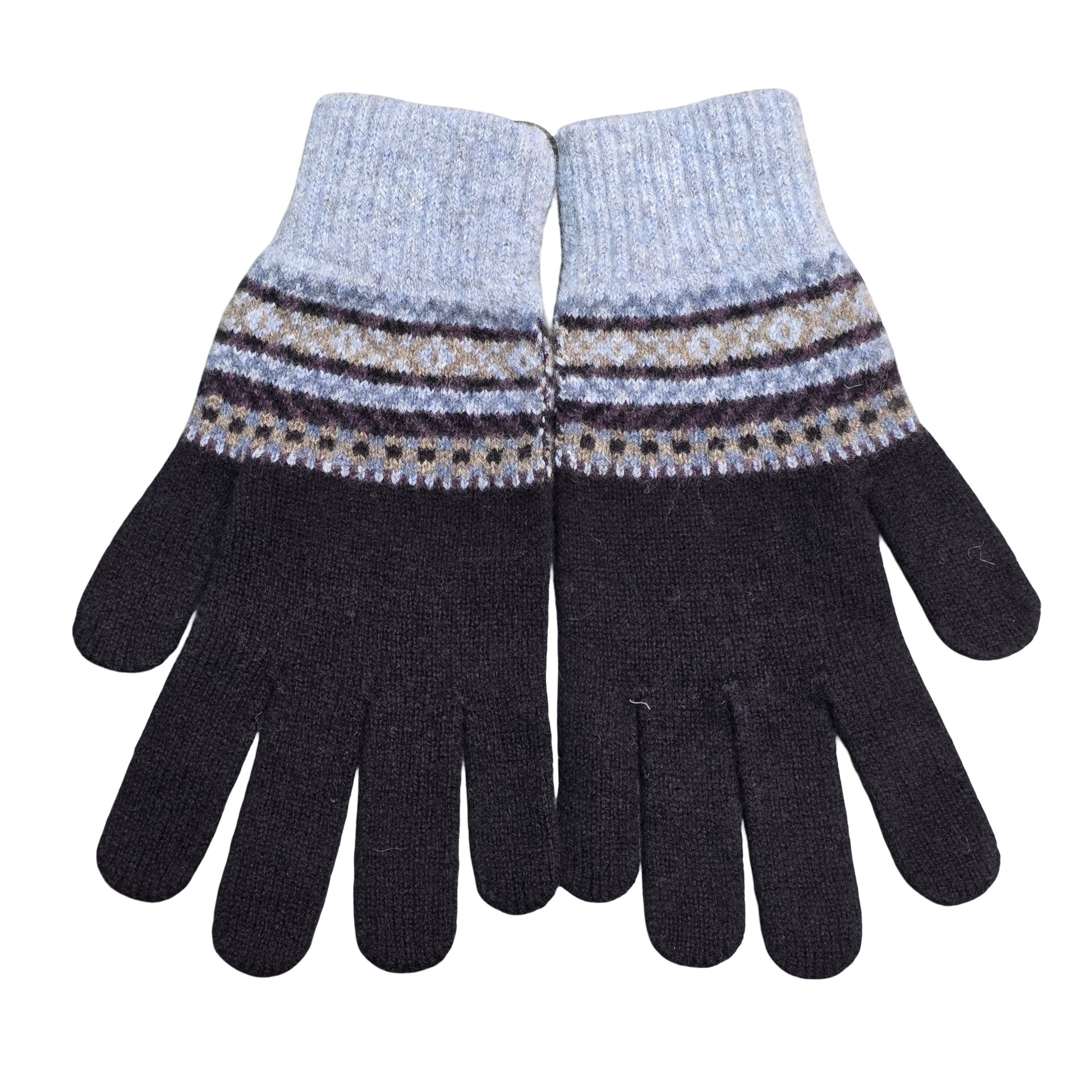Pair of black gloves with light blue cuffs and patterned wristband on a white background.