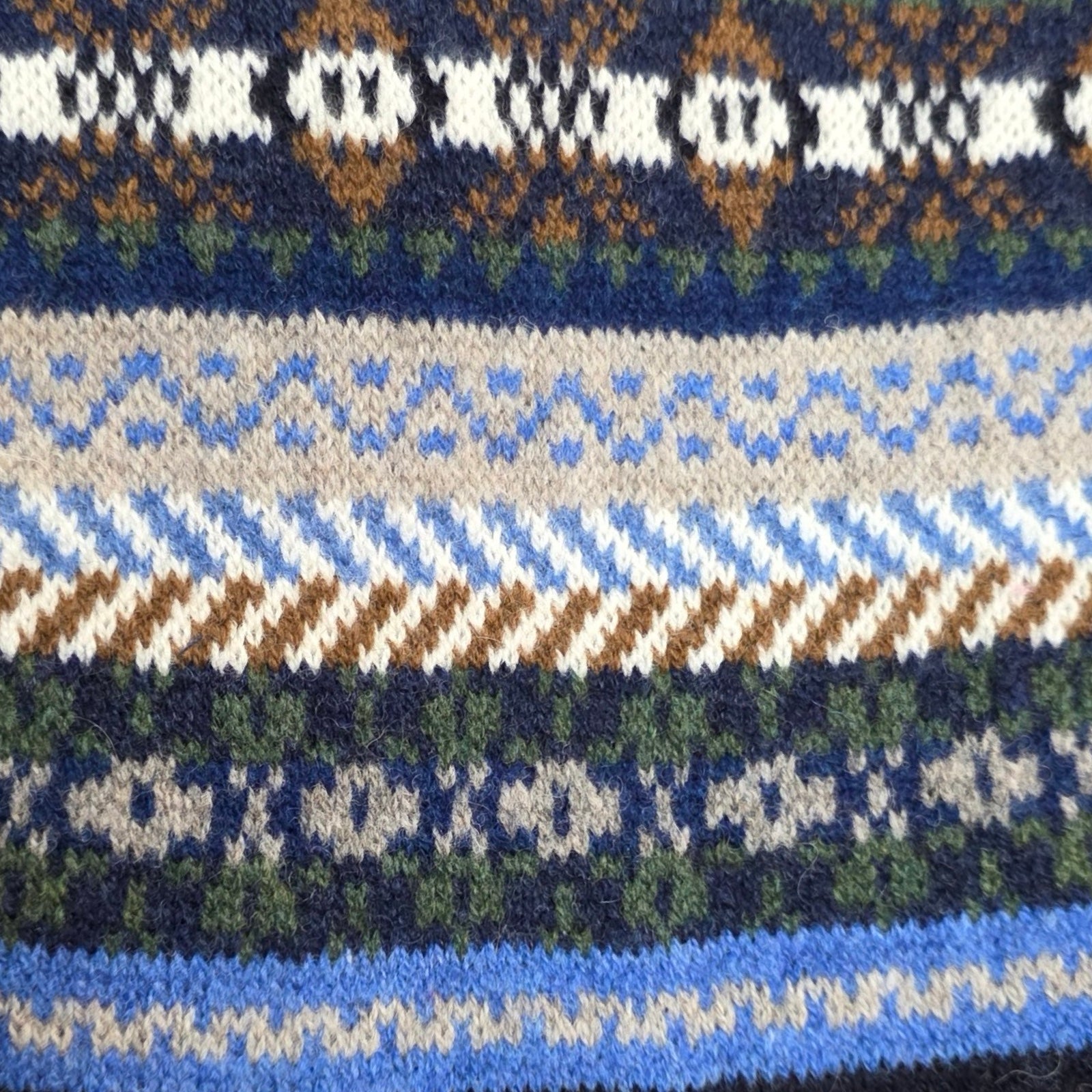 Close-up of a knitted fabric with a pattern of blue, brown, and white stripes.