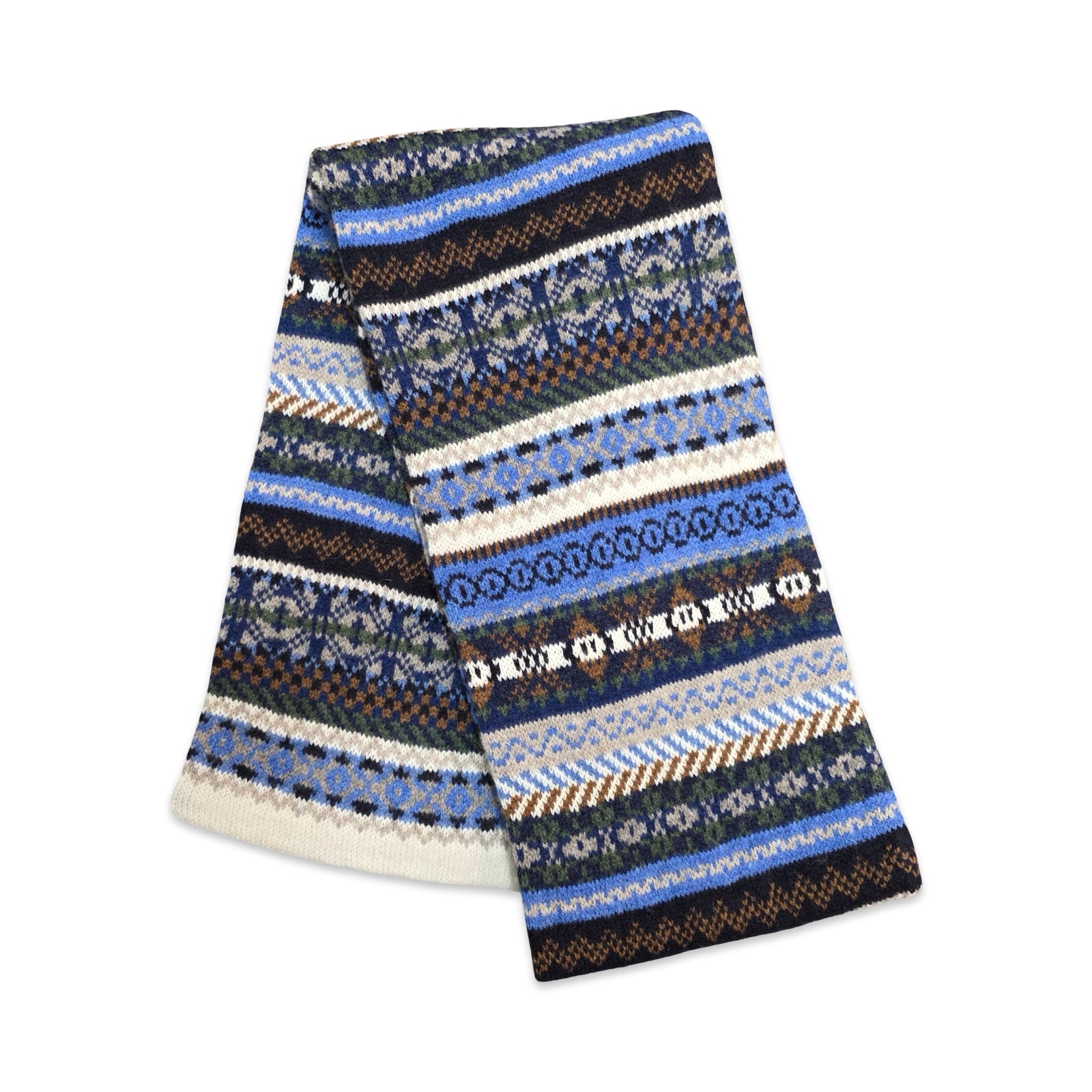 Knitted scarf with a pattern of blue, brown, and white on a white background.