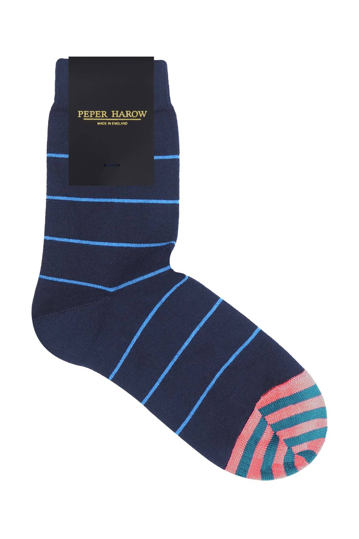 A single navy blue crew sock with light blue horizontal stripes and a pink and teal striped toe cap, featuring a black brand label at the cuff that reads 'PEPER HAROW'.
