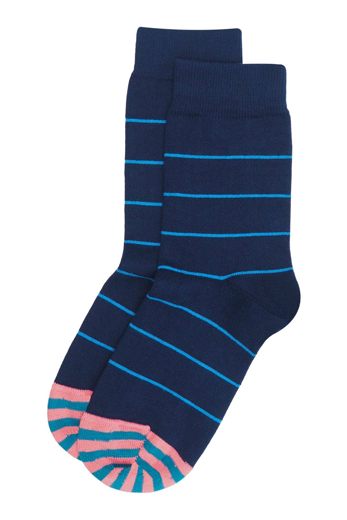 A pair of navy blue crew socks with thin light blue horizontal stripes and pink striped toes, shown on a plain white background.