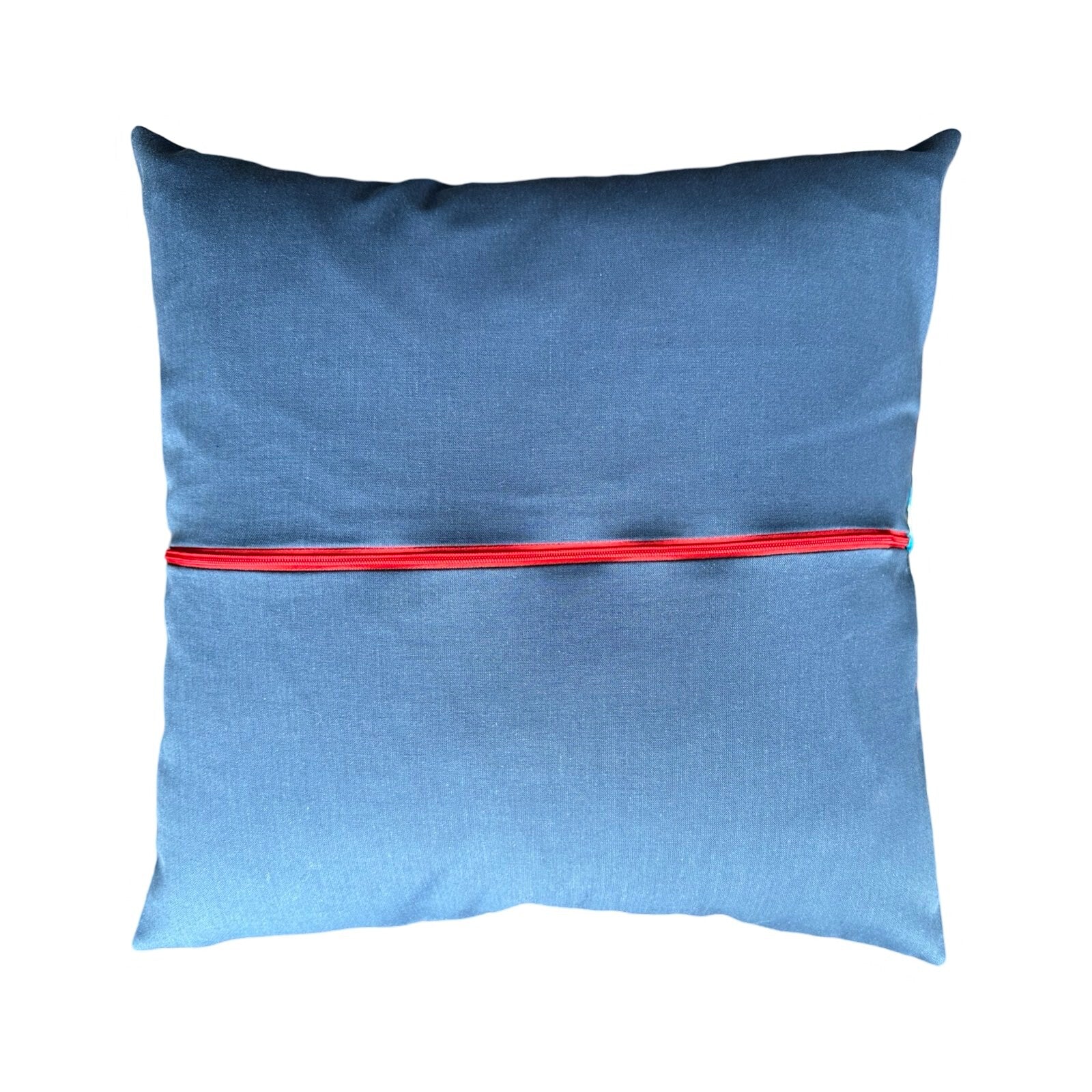 Blue back of cushion with a red zip.