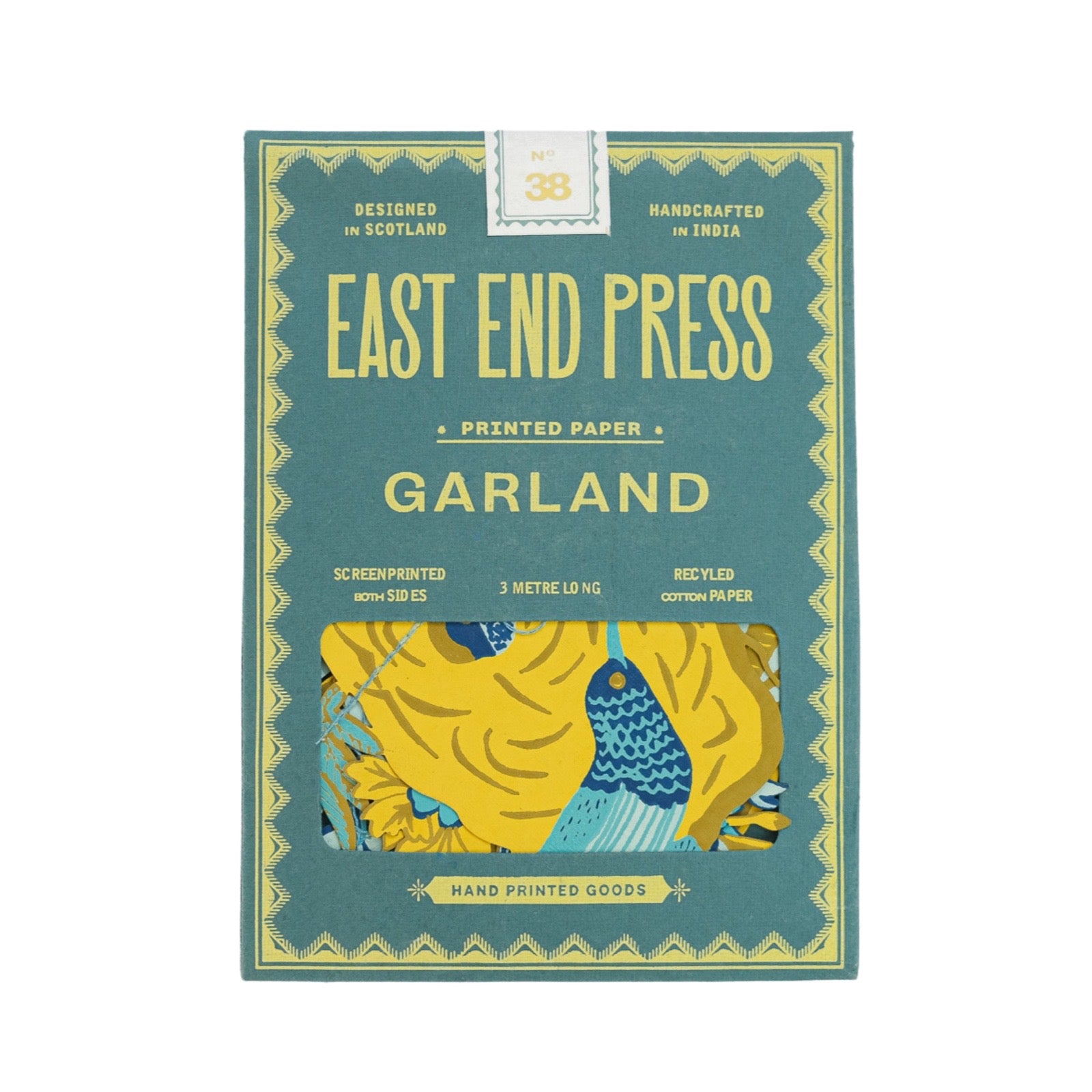 Packaging for East End Press Garland with a teal and yellow design on a white background.