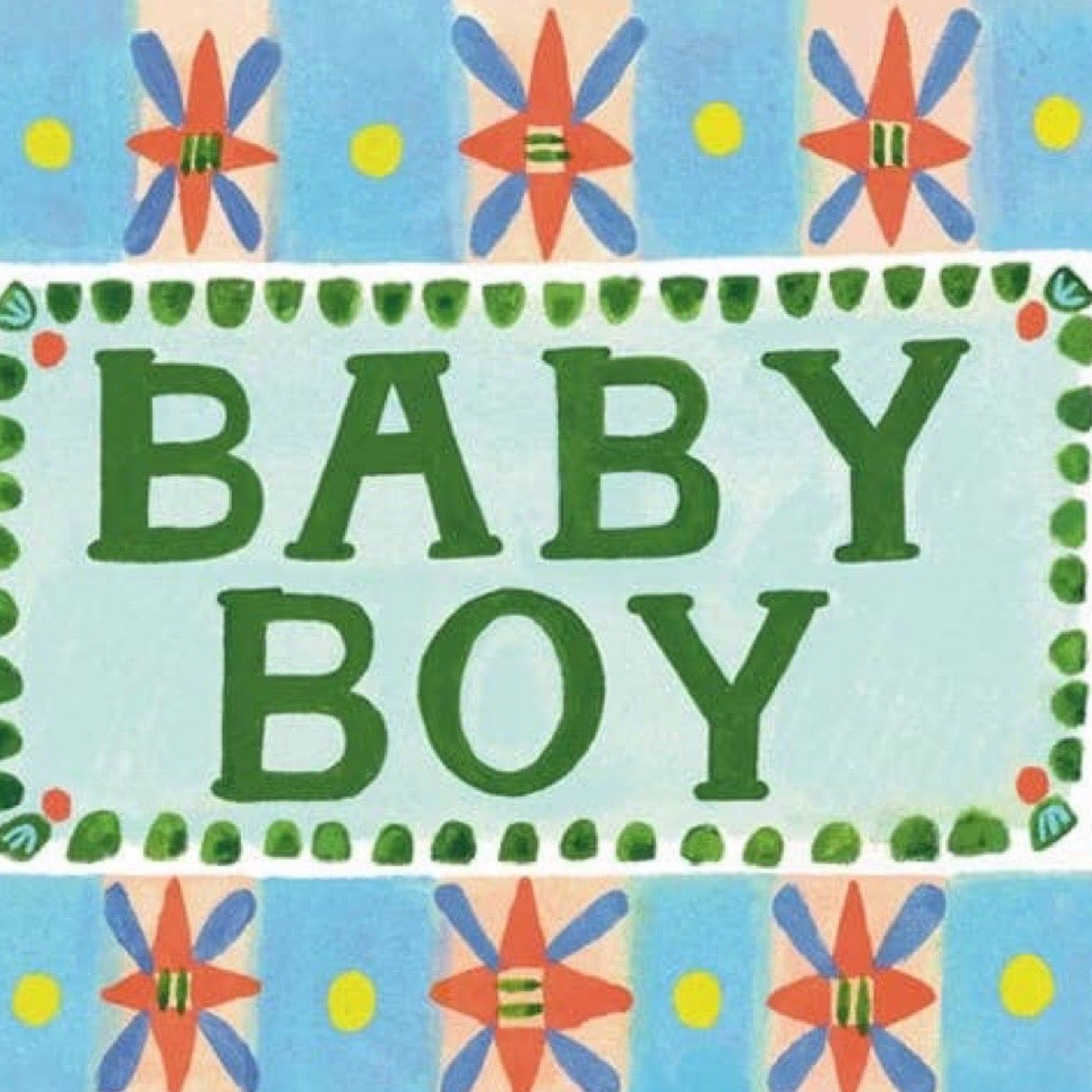 Decorative sign with 'BABY BOY' text on a colourful floral background.