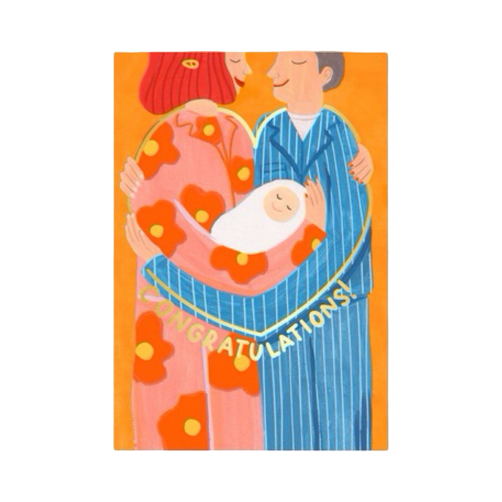Illustration of a couple holding a baby with 'Congratulations' text, set against an orange background.