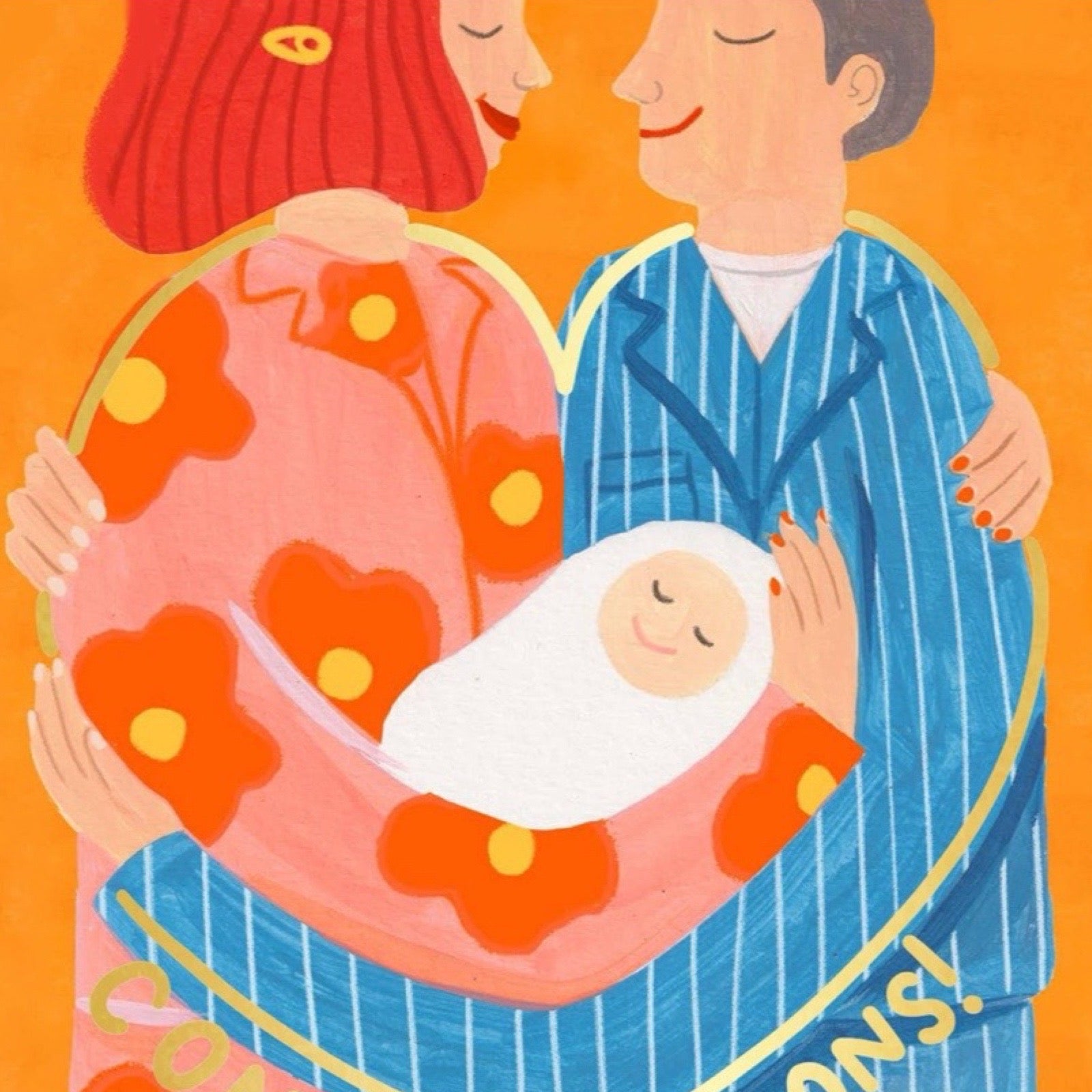Illustration of a couple holding a baby in a heart shape on an orange background.