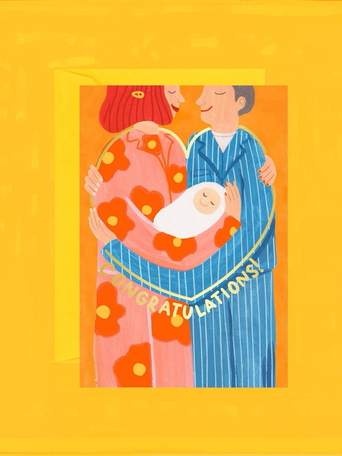 Illustration of a couple holding a baby with 'Congratulations!' text on a yellow background.