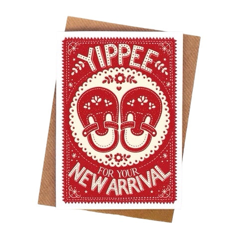 Red and white baby shower card with 'Yippee for your new arrival' text.