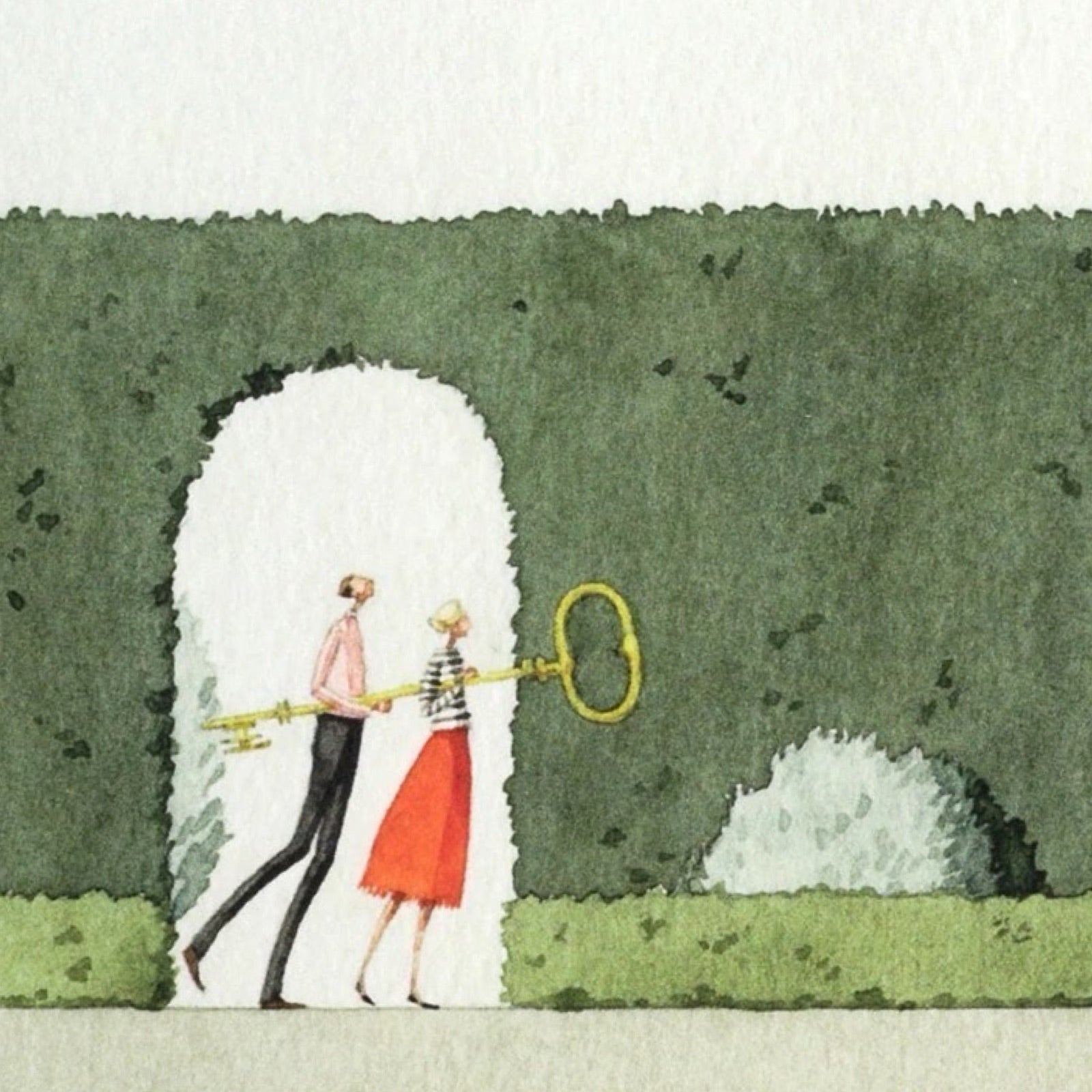 A new home card featuring an illustration of a couple with the key to their new home.